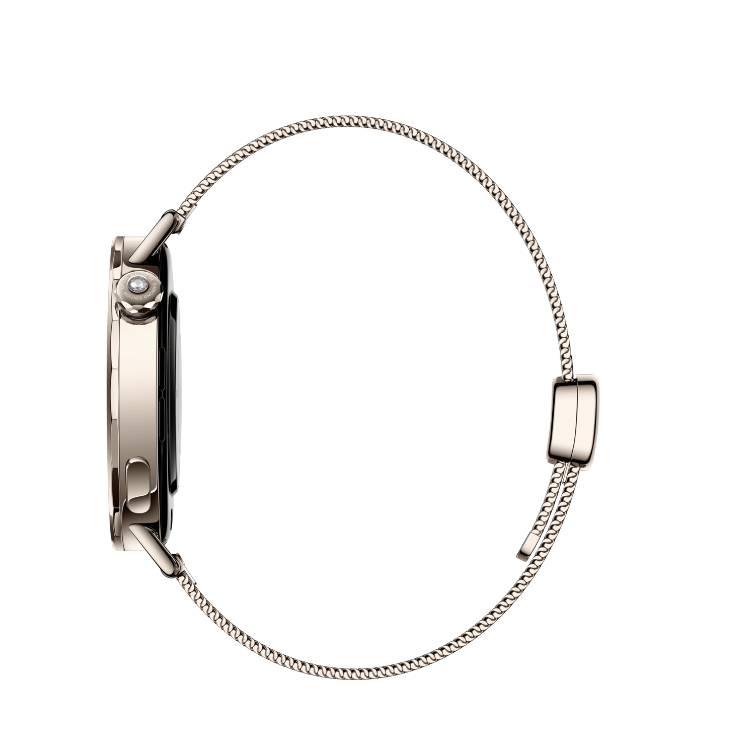 A gold wristwatch, side view, on a black background. The watch has a round face with a mesh band. The background is black.