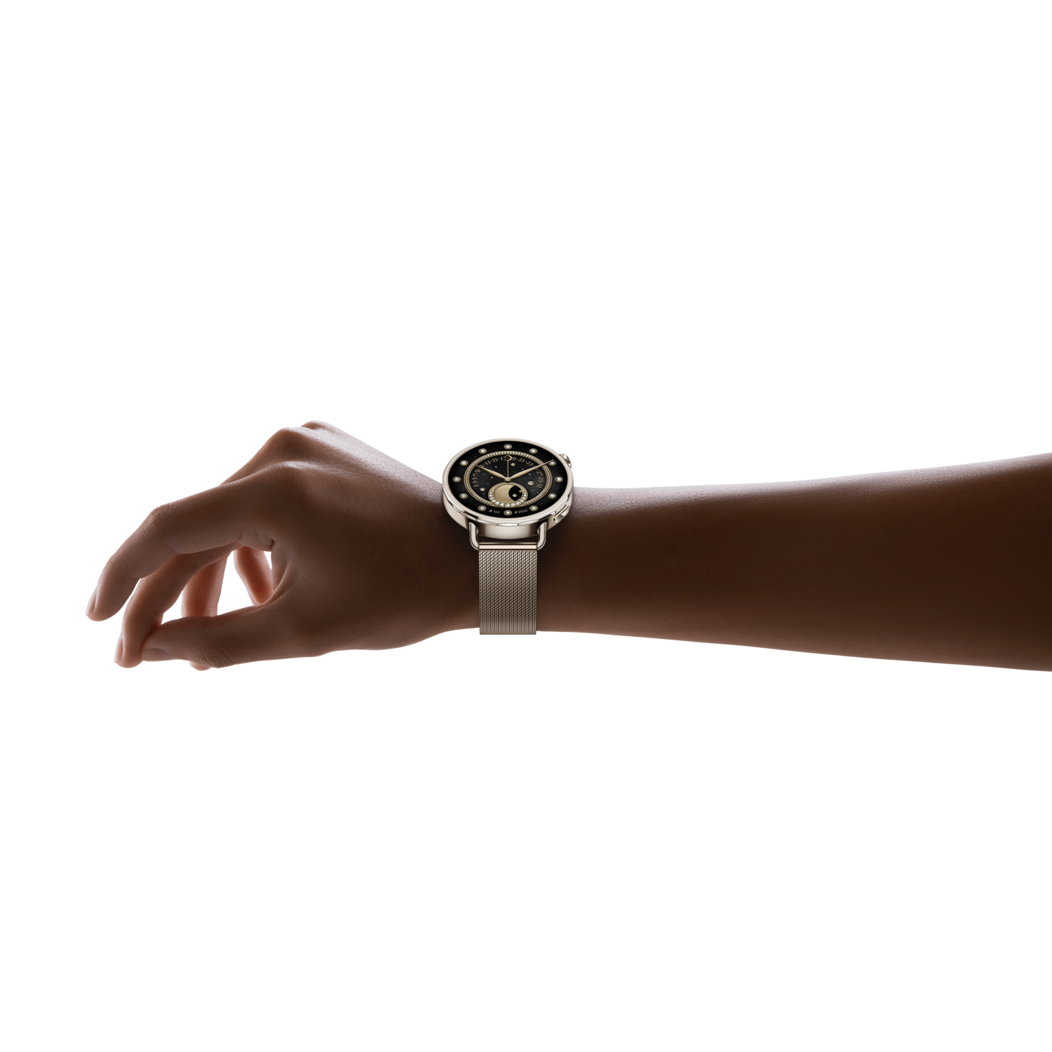 A watch on a wrist. The watch has a black face with gold details. The band is silver, and the skin is brown. The background is black.