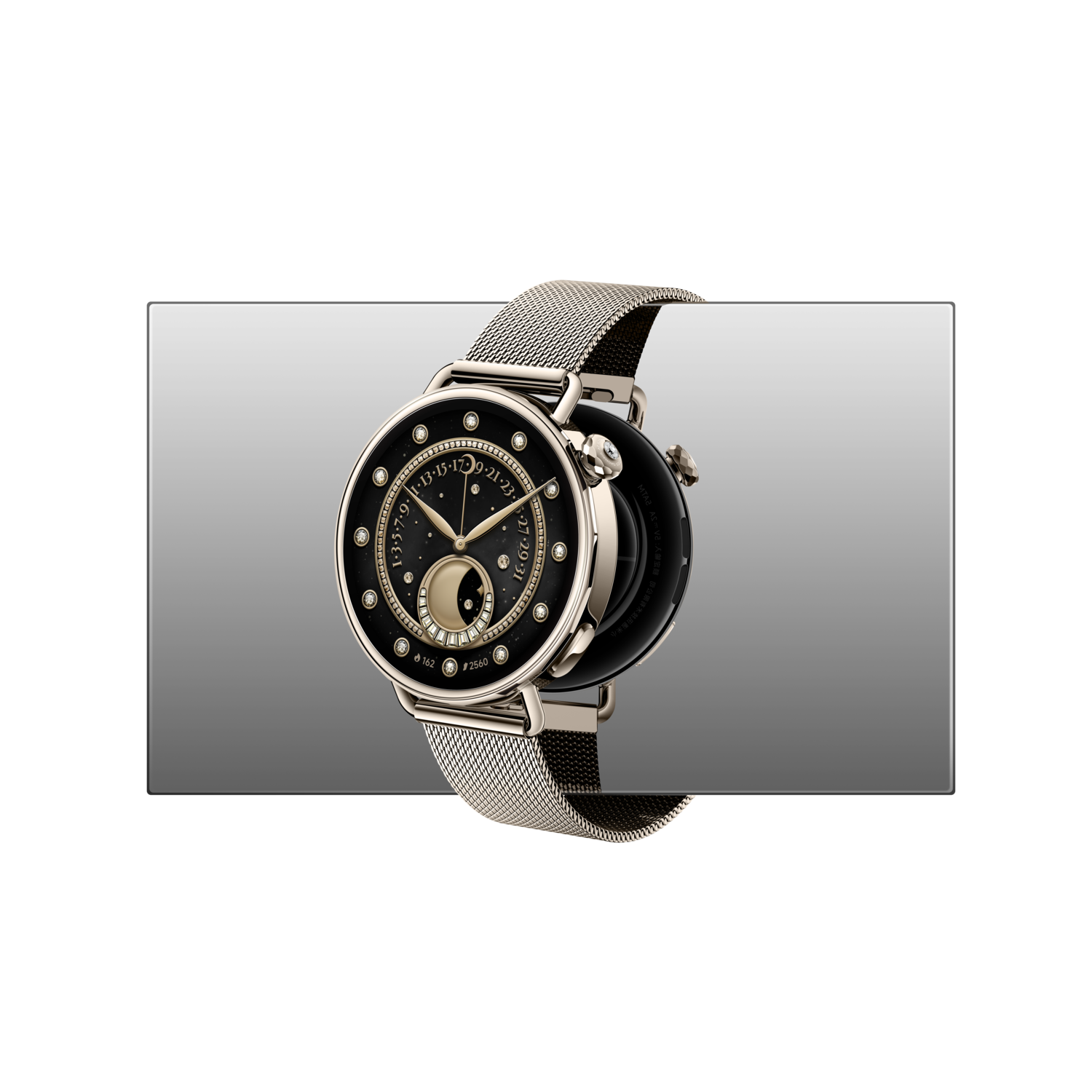 A stylish smartwatch with a black face and a gold-colored case and band, set against a gradient gray background.