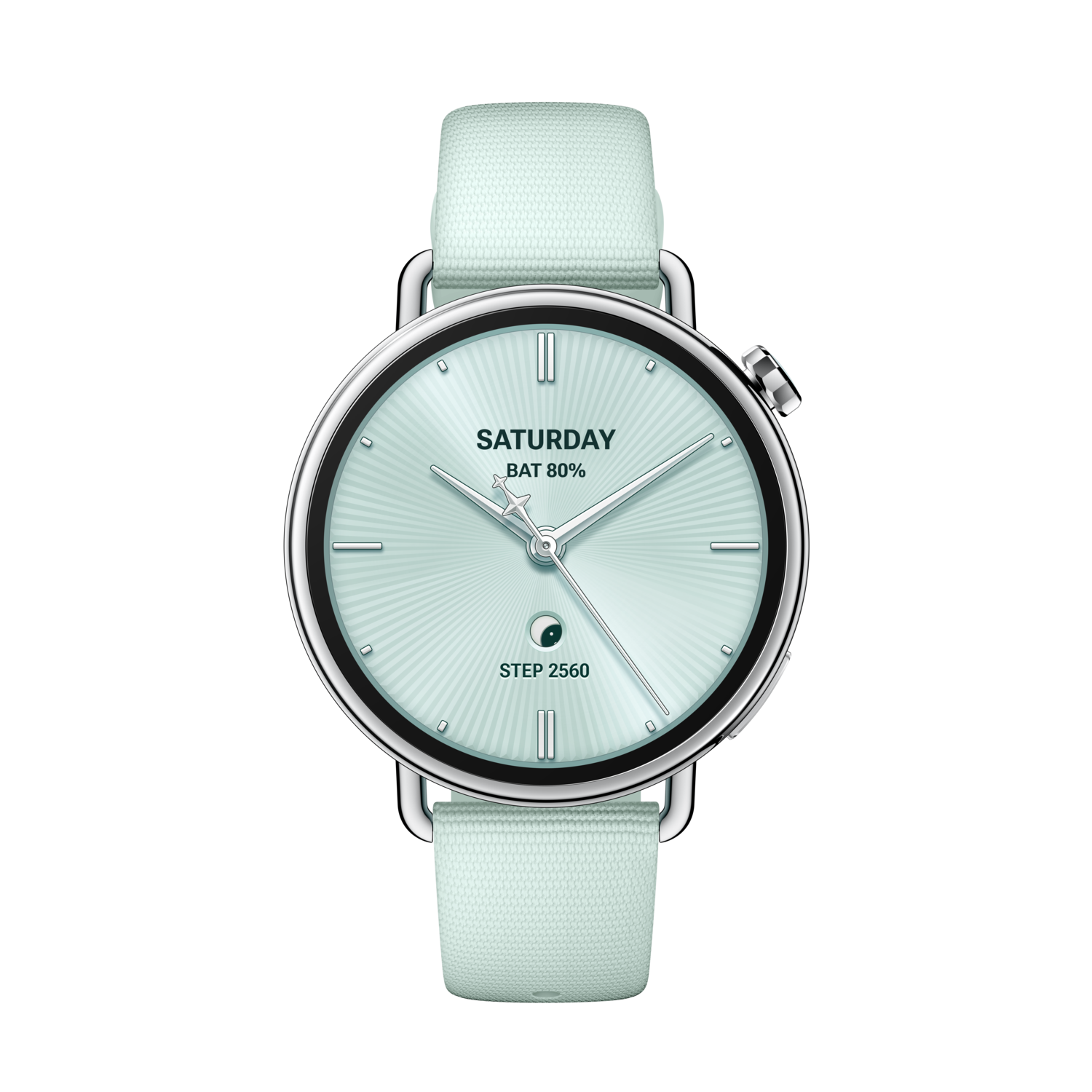 Une montre connectée ronde avec cadran bleu clair, lunette argentée et bracelet vert clair. Affiche l'heure, la batterie et les pas sur fond noir.