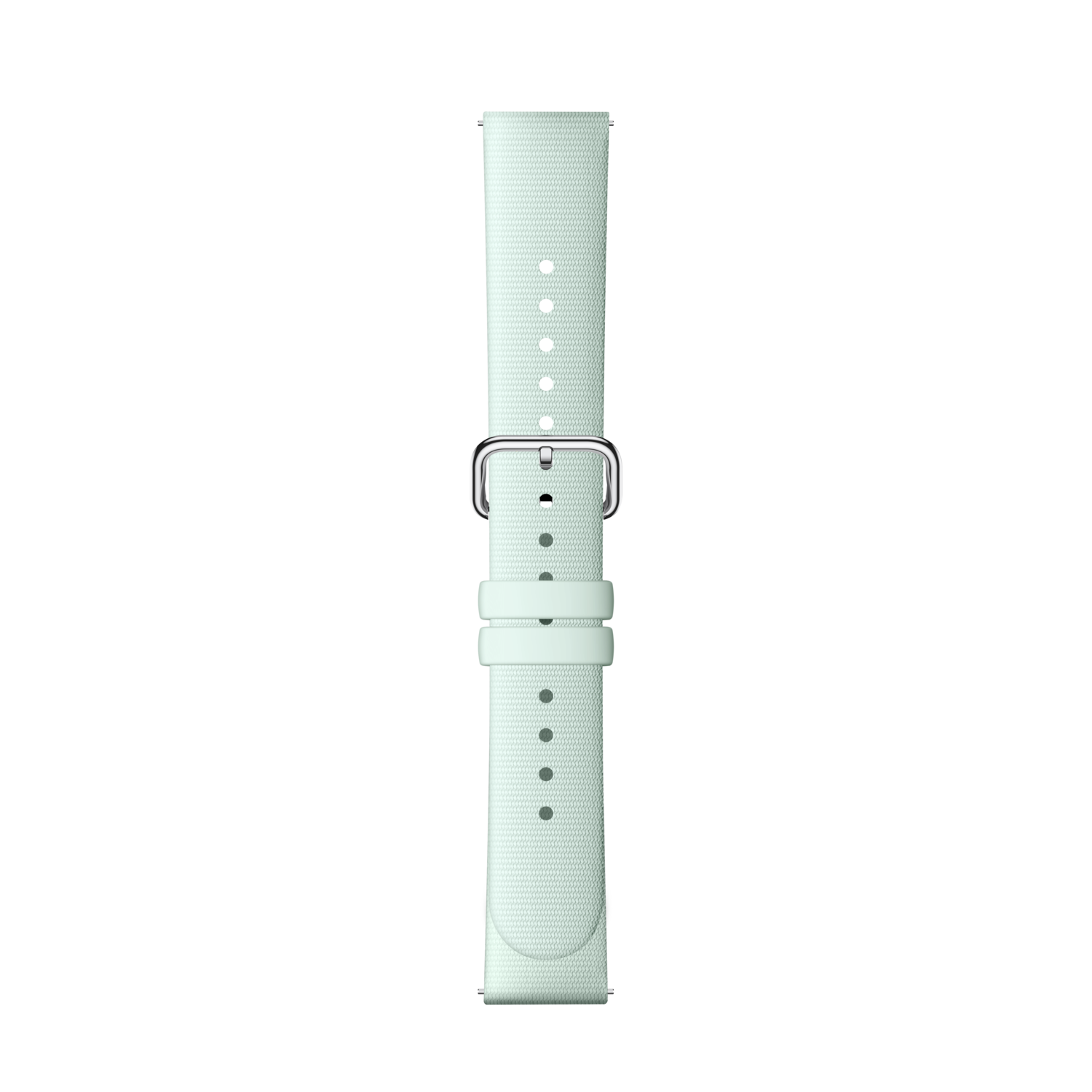 Un bracelet de montre vert clair avec une boucle argentée. Le bracelet comporte plusieurs trous, sur fond noir.