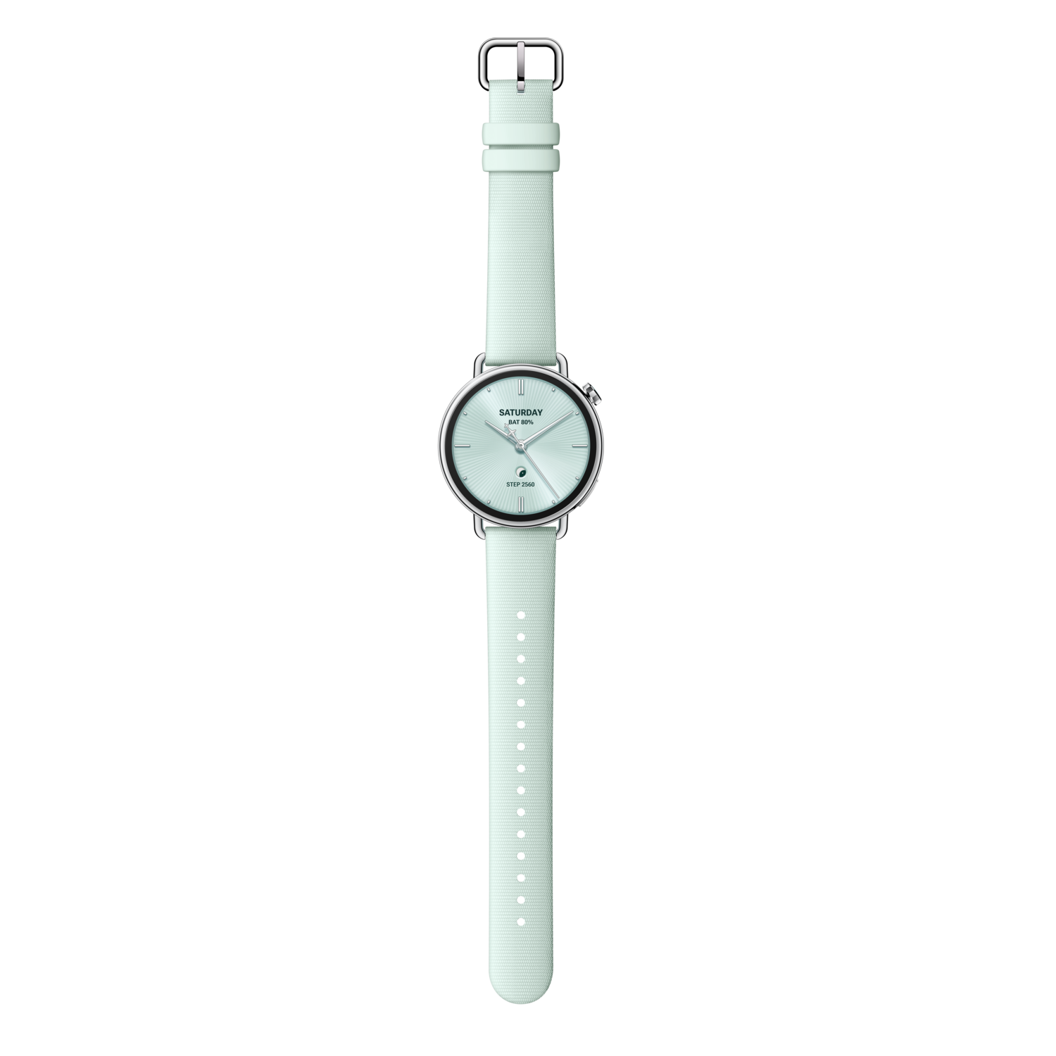 Une montre vert menthe avec un cadre argenté et un bracelet assorti est affichée sur un fond noir. Le cadran indique le jour et l'heure.