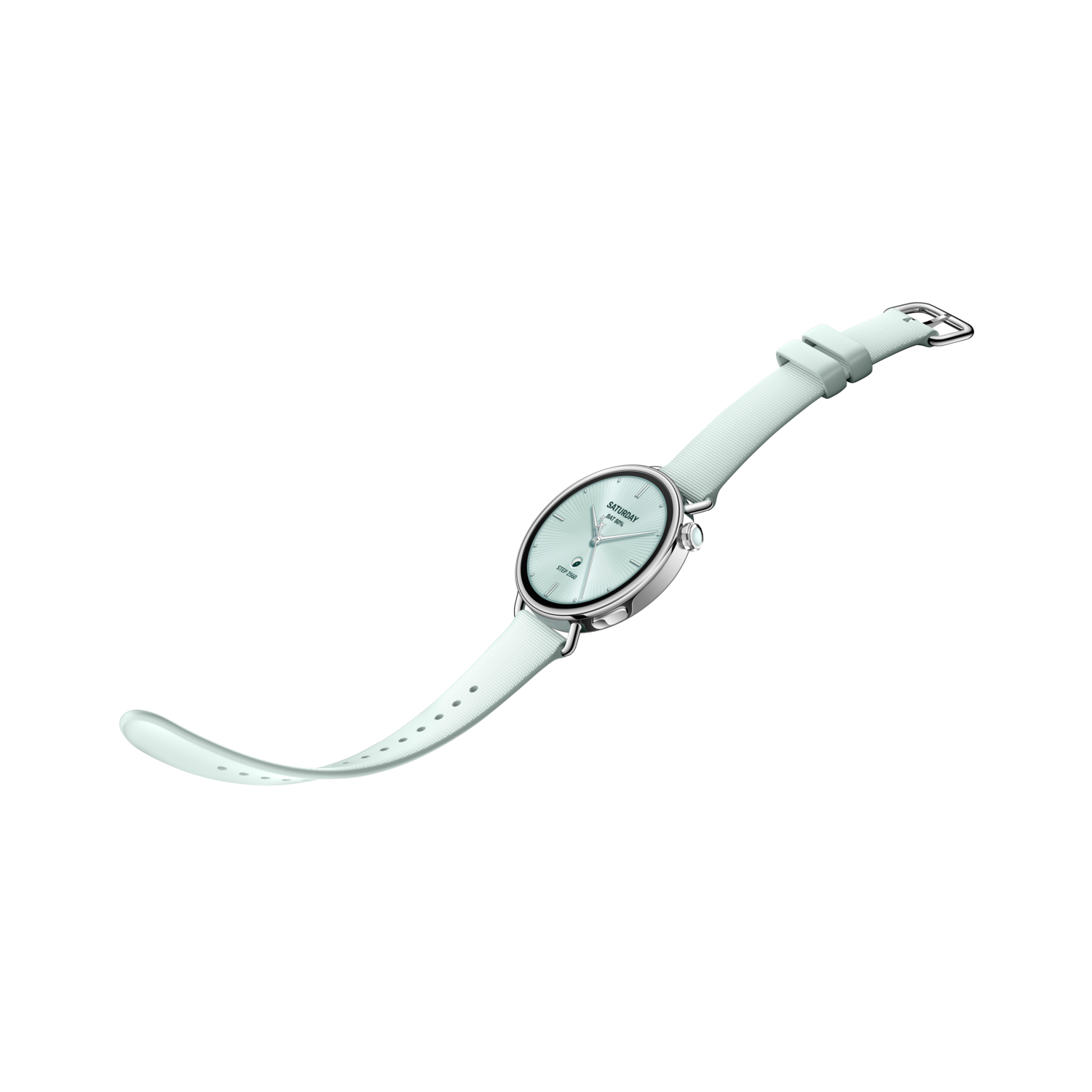 Une montre-bracelet avec un bracelet et un cadran vert pâle est présentée sur fond noir. La montre est inclinée, révélant son design.