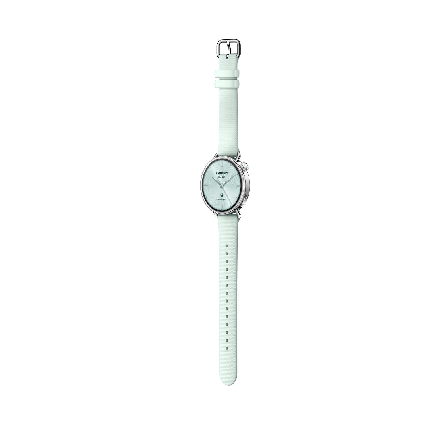 Une montre-bracelet vert clair avec une lunette argentée et un bracelet assorti, sur fond blanc.