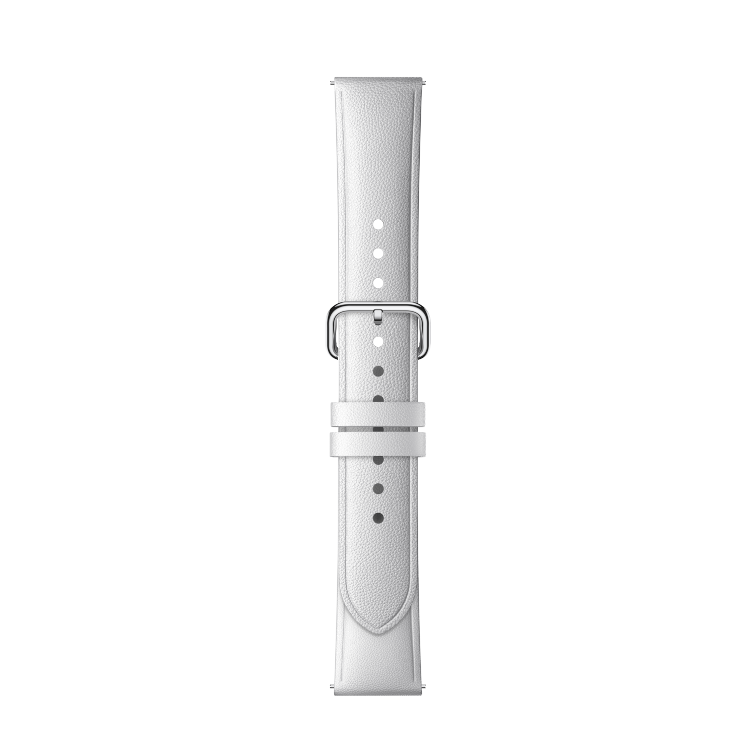 A white leather watch strap, with a silver buckle, lies vertically against a black background. The strap is new.