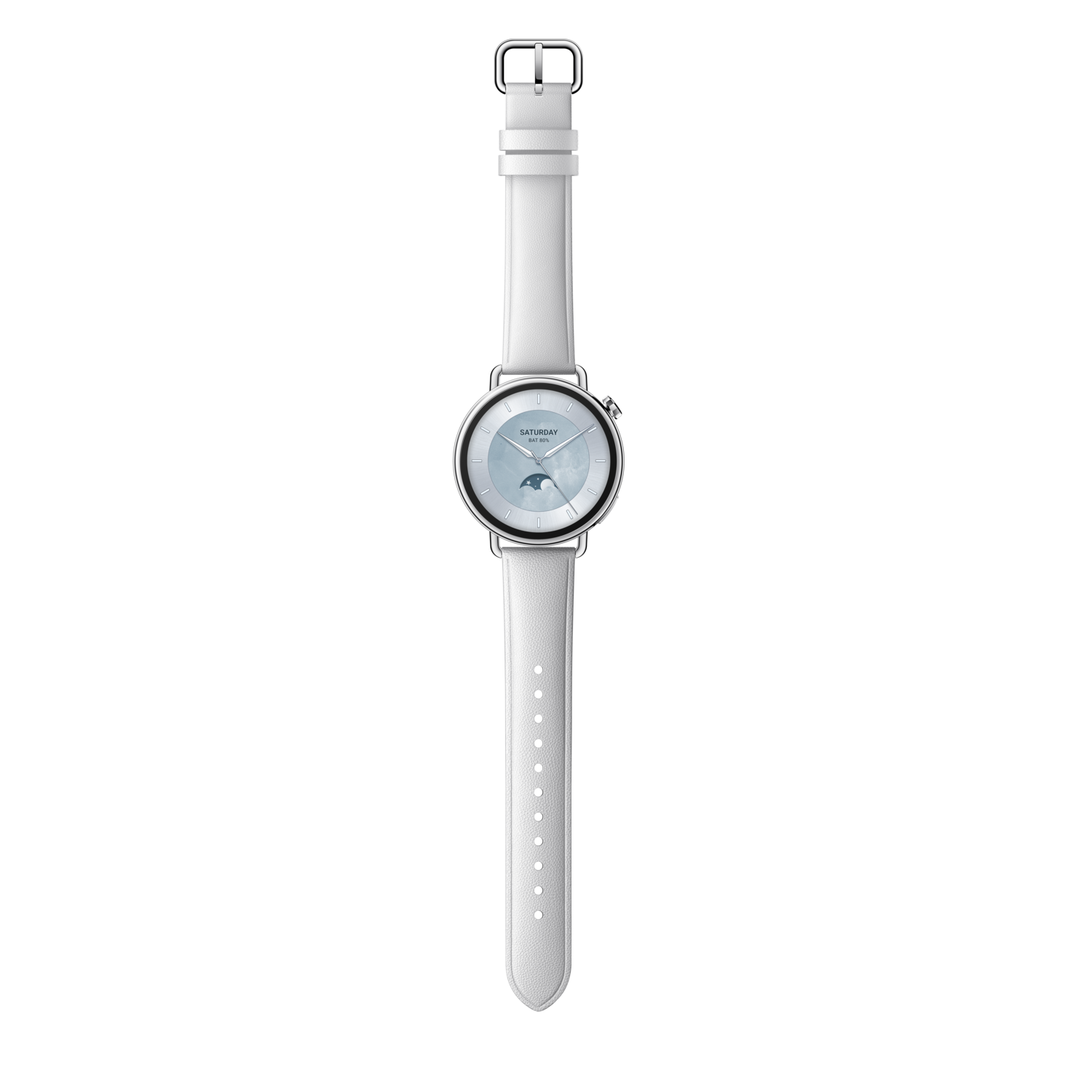 A white wristwatch with a silver case, a white leather strap, and a light blue face displaying the day and a moon phase.