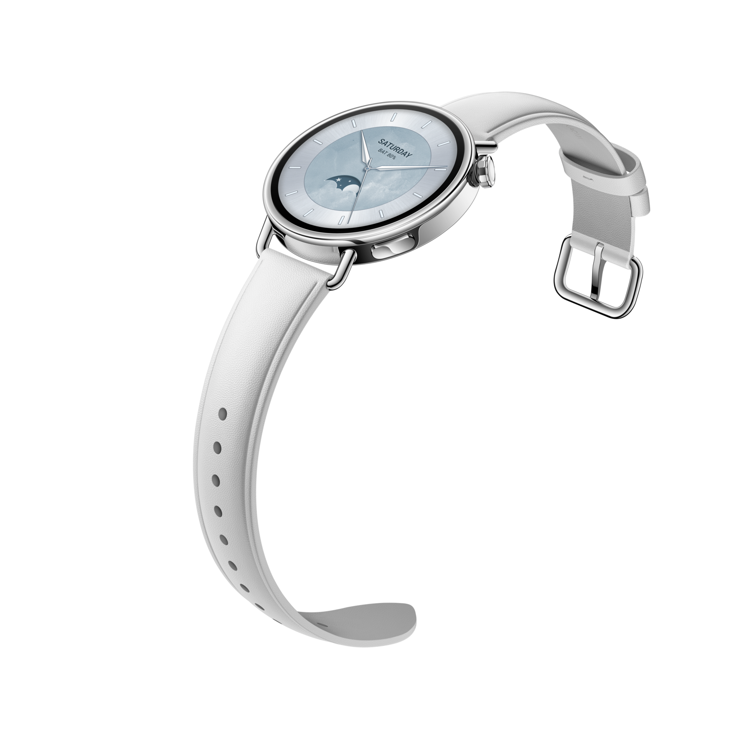 A white wristwatch on a black background. The watch has a white strap and a silver case. The watch face has a moon phase display.