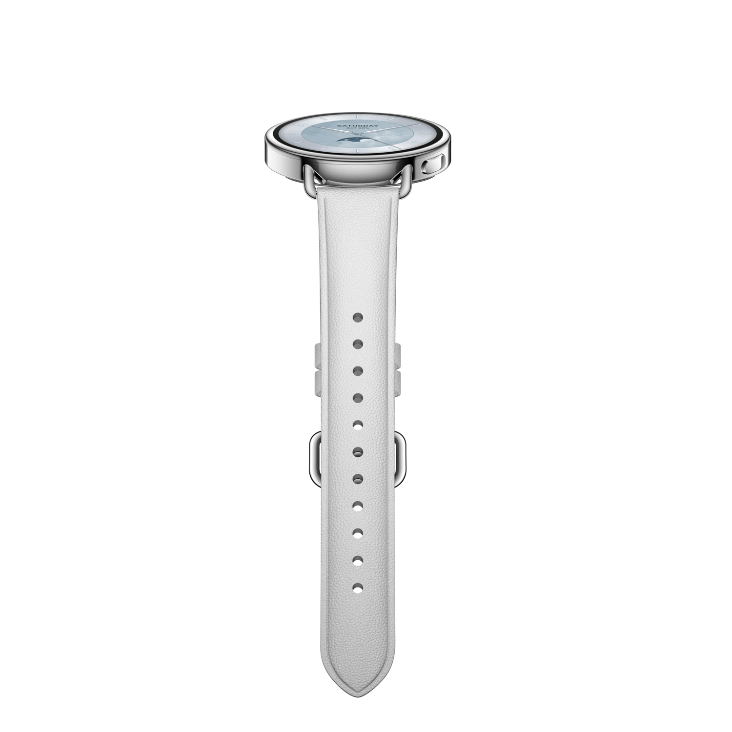 A silver watch with a white leather strap on a black background. The watch face is light blue.