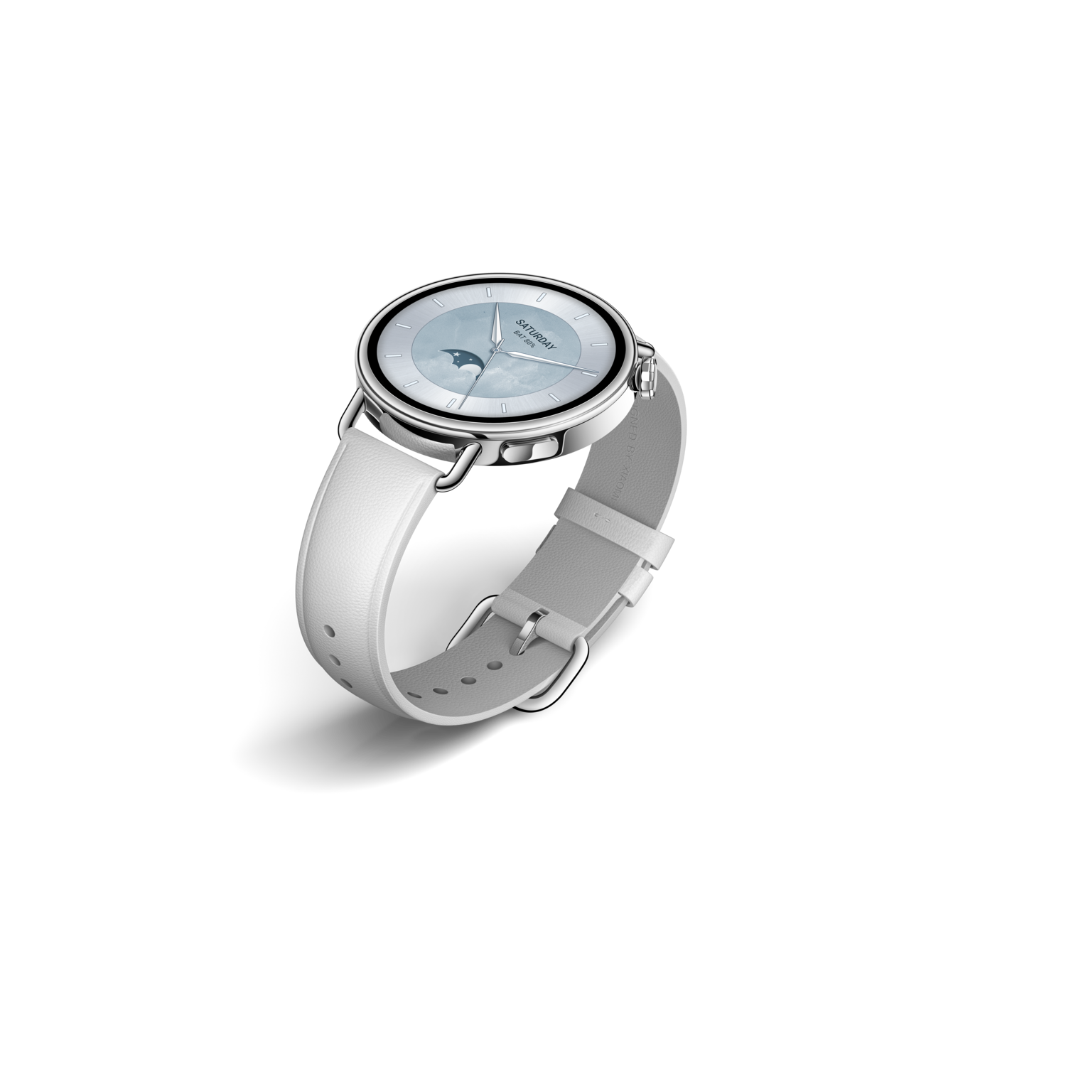 A white wristwatch with a silver case and a light blue face. The watch has a white leather strap on a black background.
