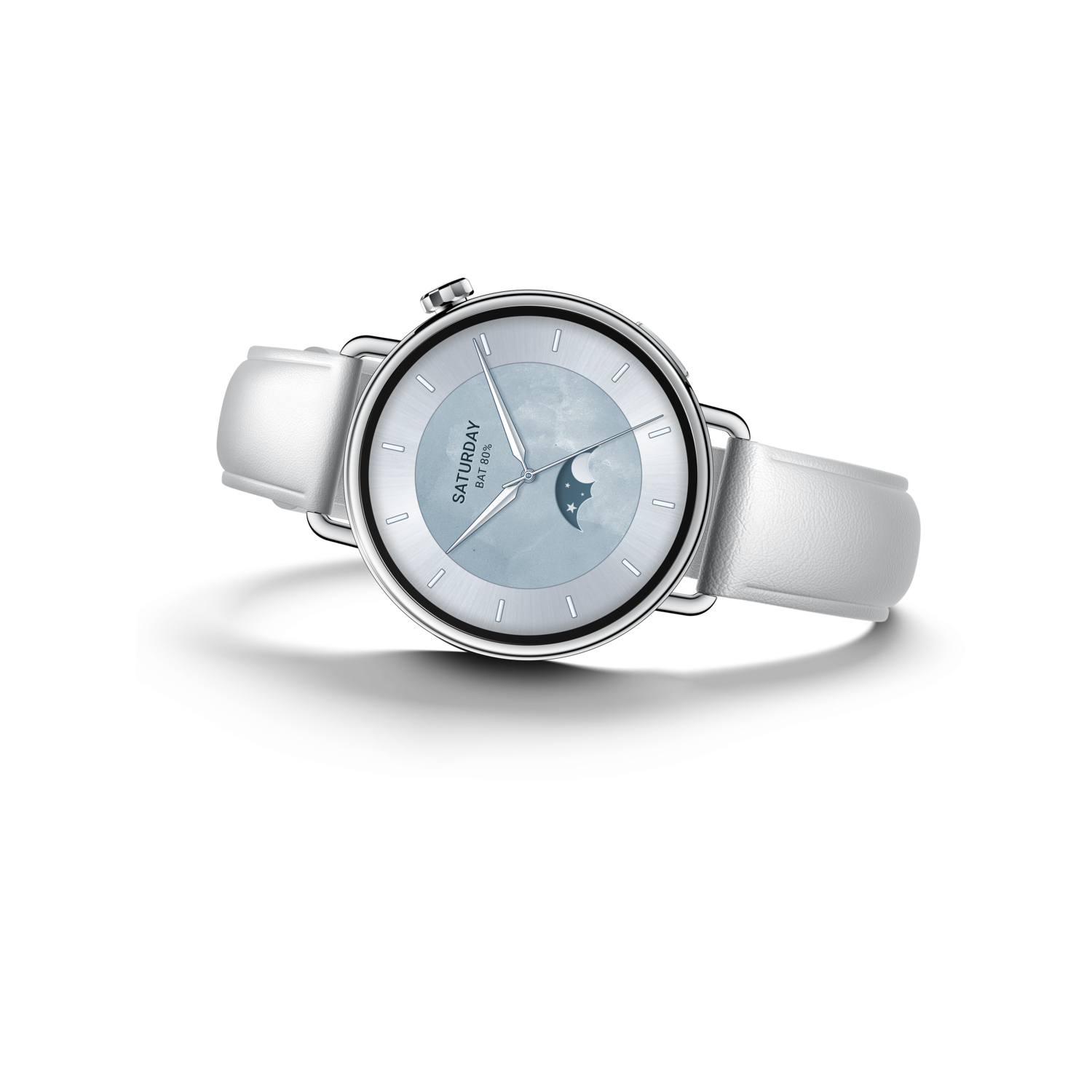 A white wristwatch with a silver bezel and white strap. The watch face shows the moon phase and the text 'Saturday'.