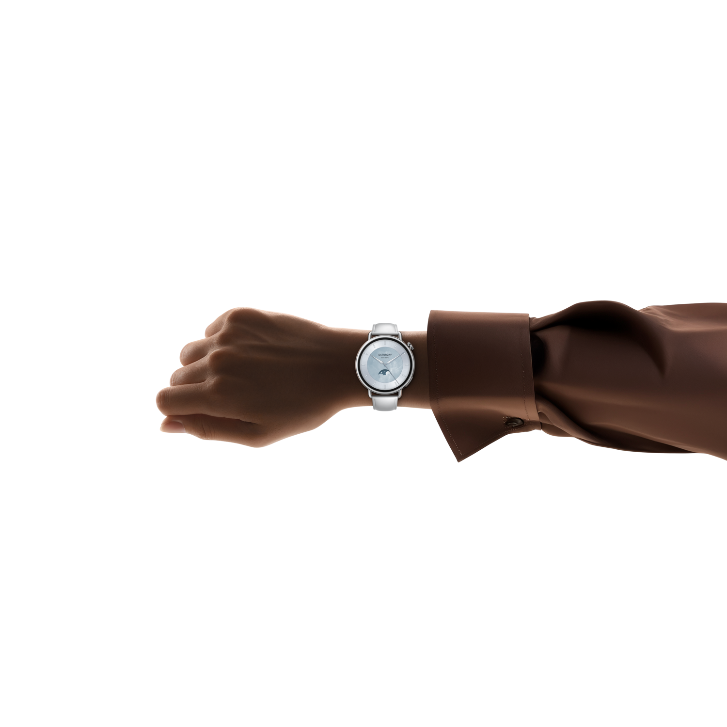 A person's wrist with a white watch. They wear a brown long-sleeved shirt. The background is black.
