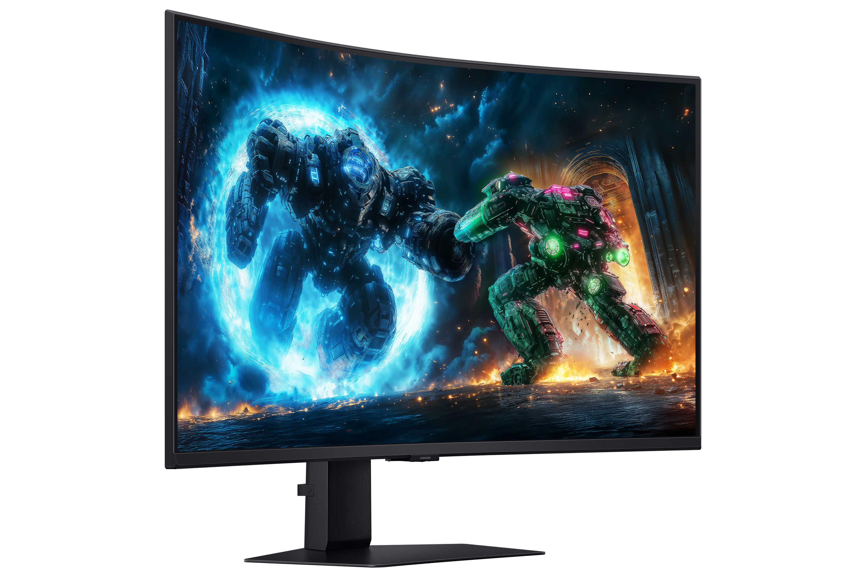 Een gebogen monitor toont een sci-fi scène van robots die vechten in een futuristische omgeving met een donkere achtergrond.