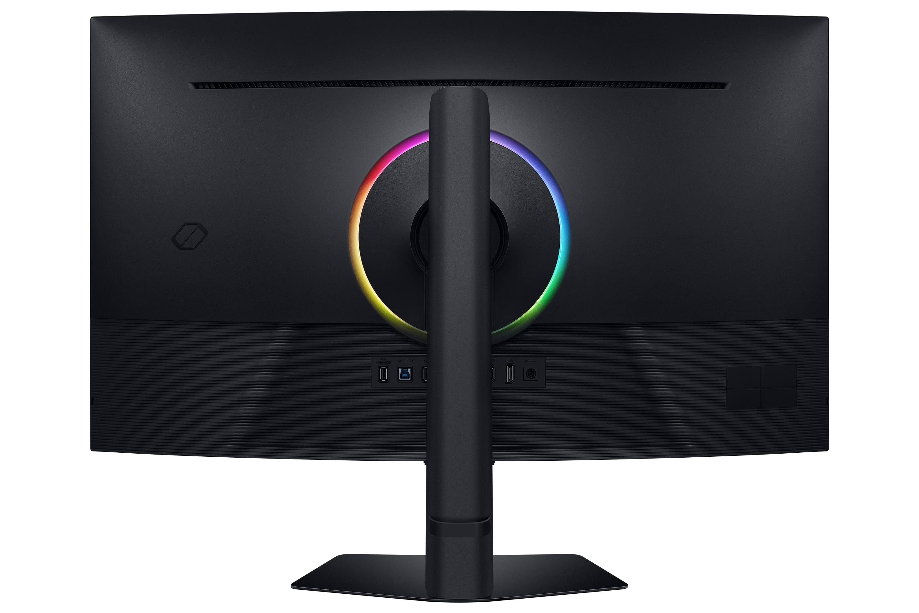 Achteraanzicht van een zwarte monitor. Met poorten, een standaard en een kleurrijke lichtring.