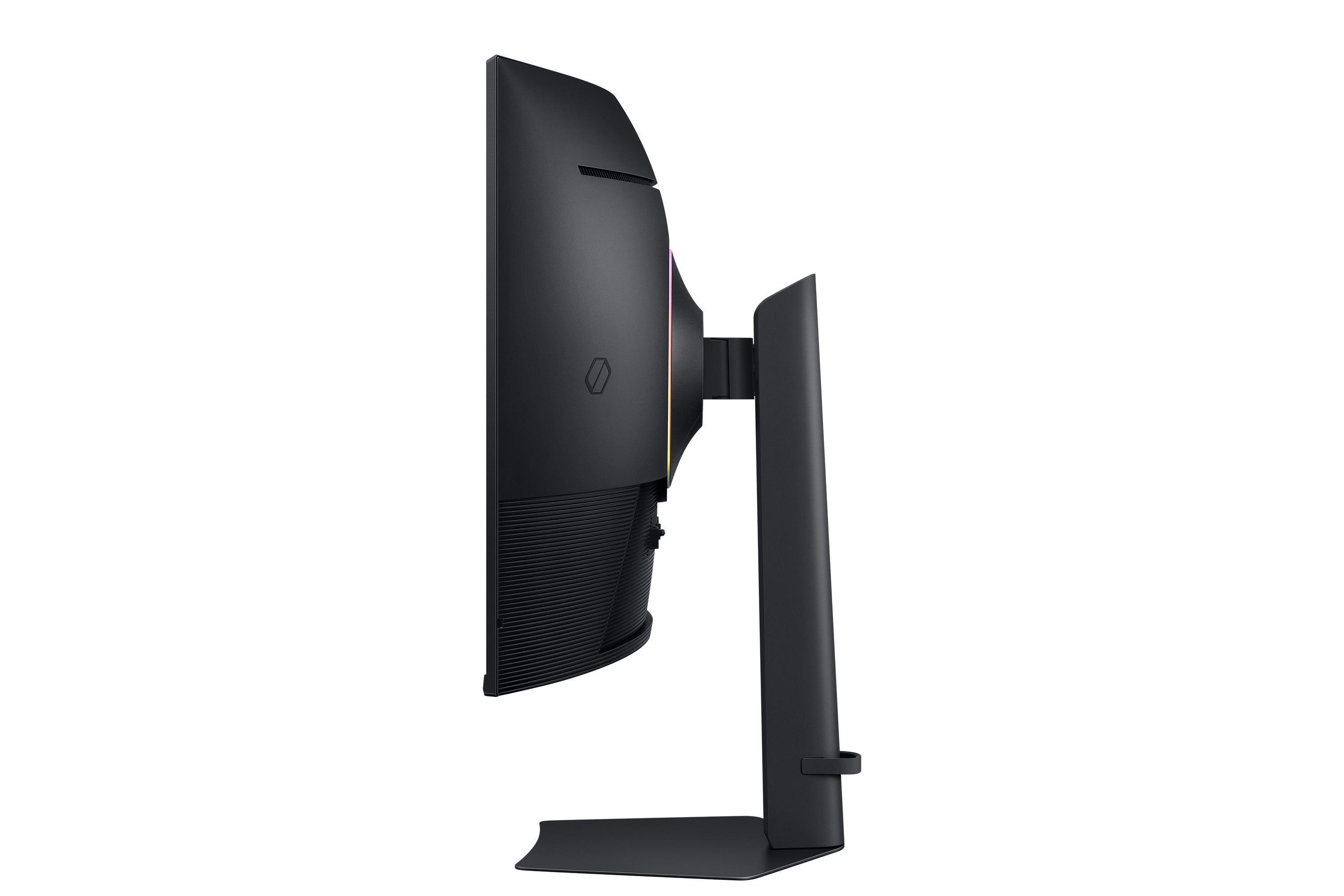 Zijaanzicht van een zwarte gamingmonitor. De standaard en achterkant zijn zichtbaar. Er is een gebogen scherm en een logo.