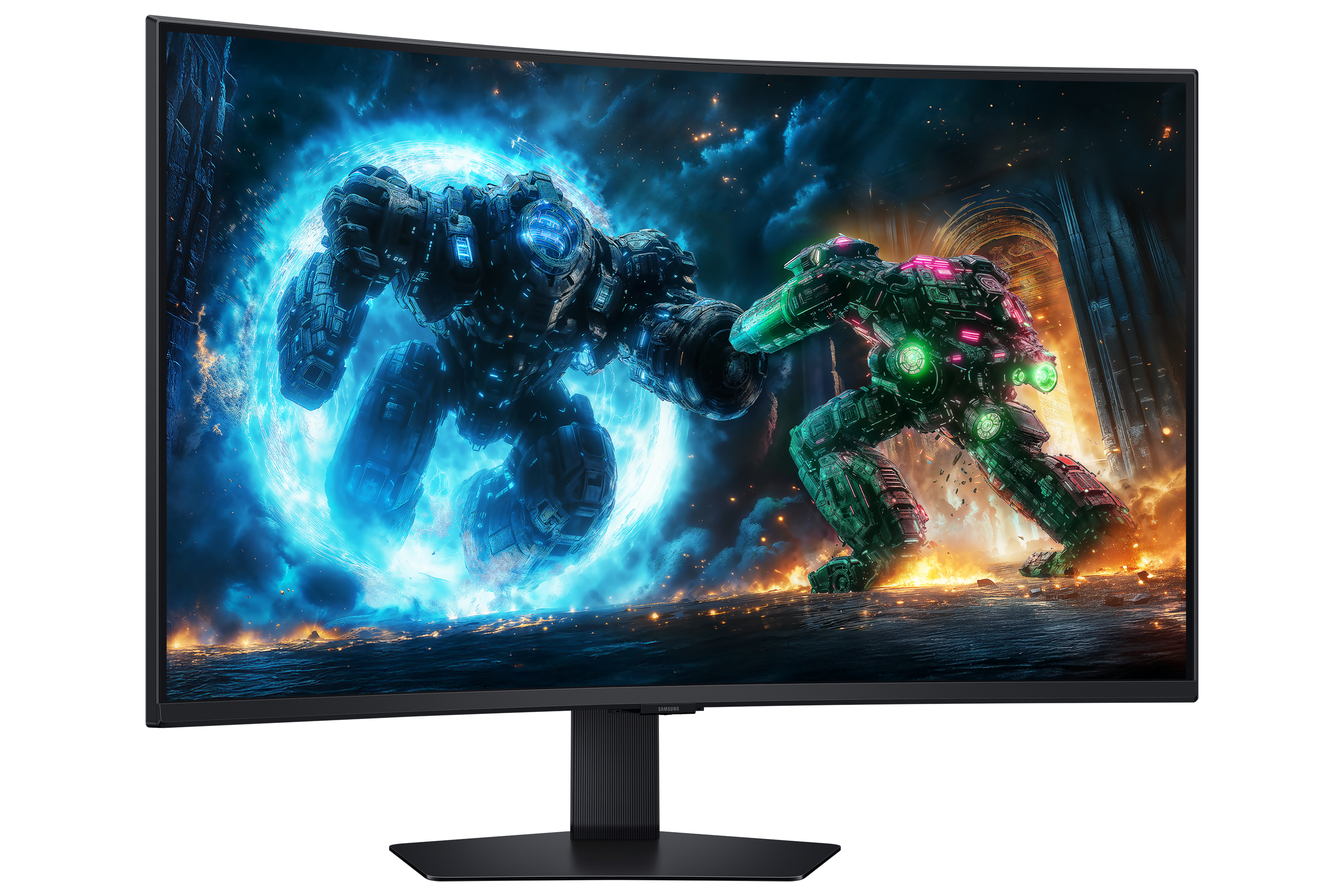 Twee robots staan tegenover elkaar op een monitor. Eén is blauw, de ander groen. Vlammen en een sterrenachtergrond zijn zichtbaar.