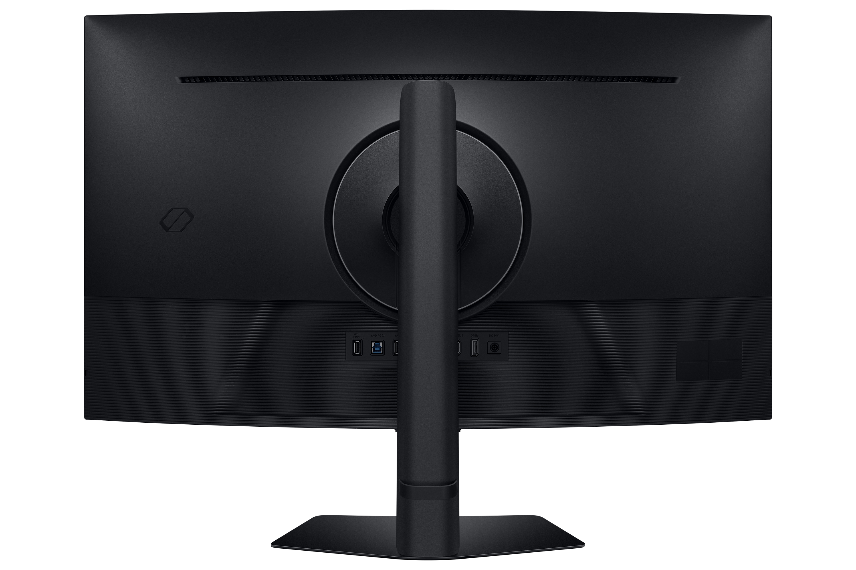 Achterkant van een zwarte computermonitor, met poorten en standaard. Het oppervlak is getextureerd.