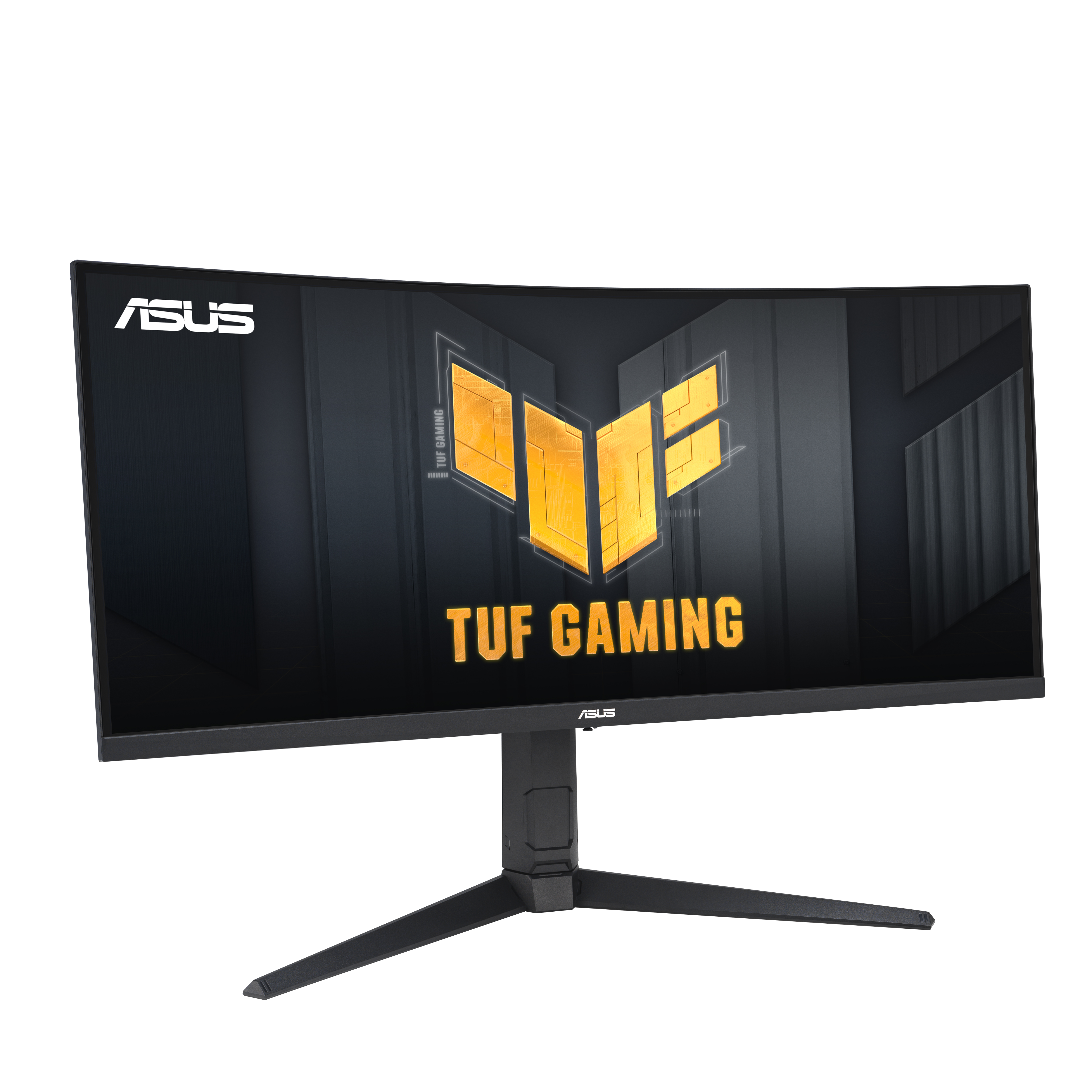 Zakrzywiony monitor ASUS TUF Gaming. Ma czarną ramkę i podstawę. Ekran wyświetla logo i tekst na ciemnym tle.