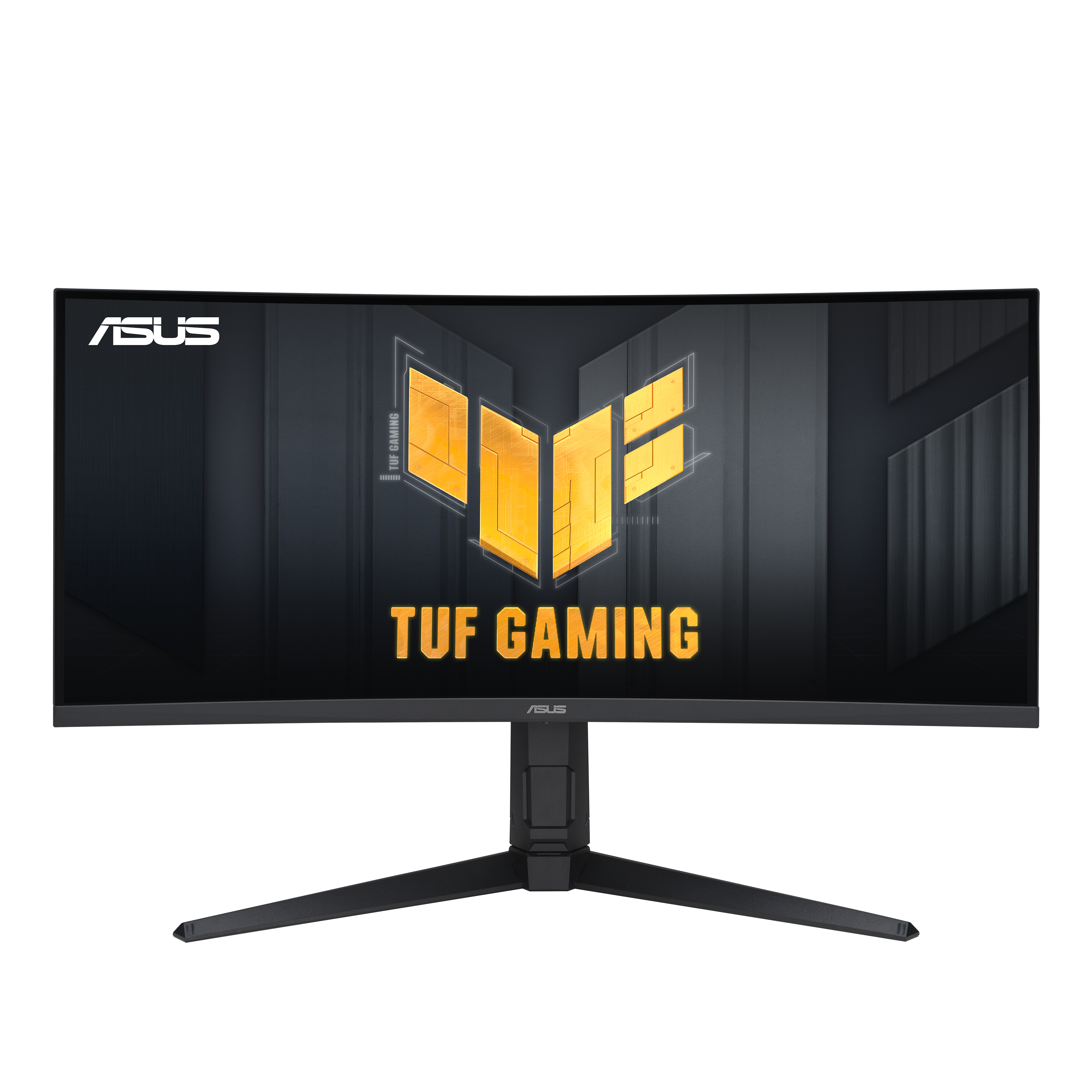 Zakrzywiony monitor ASUS TUF Gaming. Czarna ramka, podstawa. Ekran z żółtym logo i napisem 'TUF GAMING' na ciemnym tle.