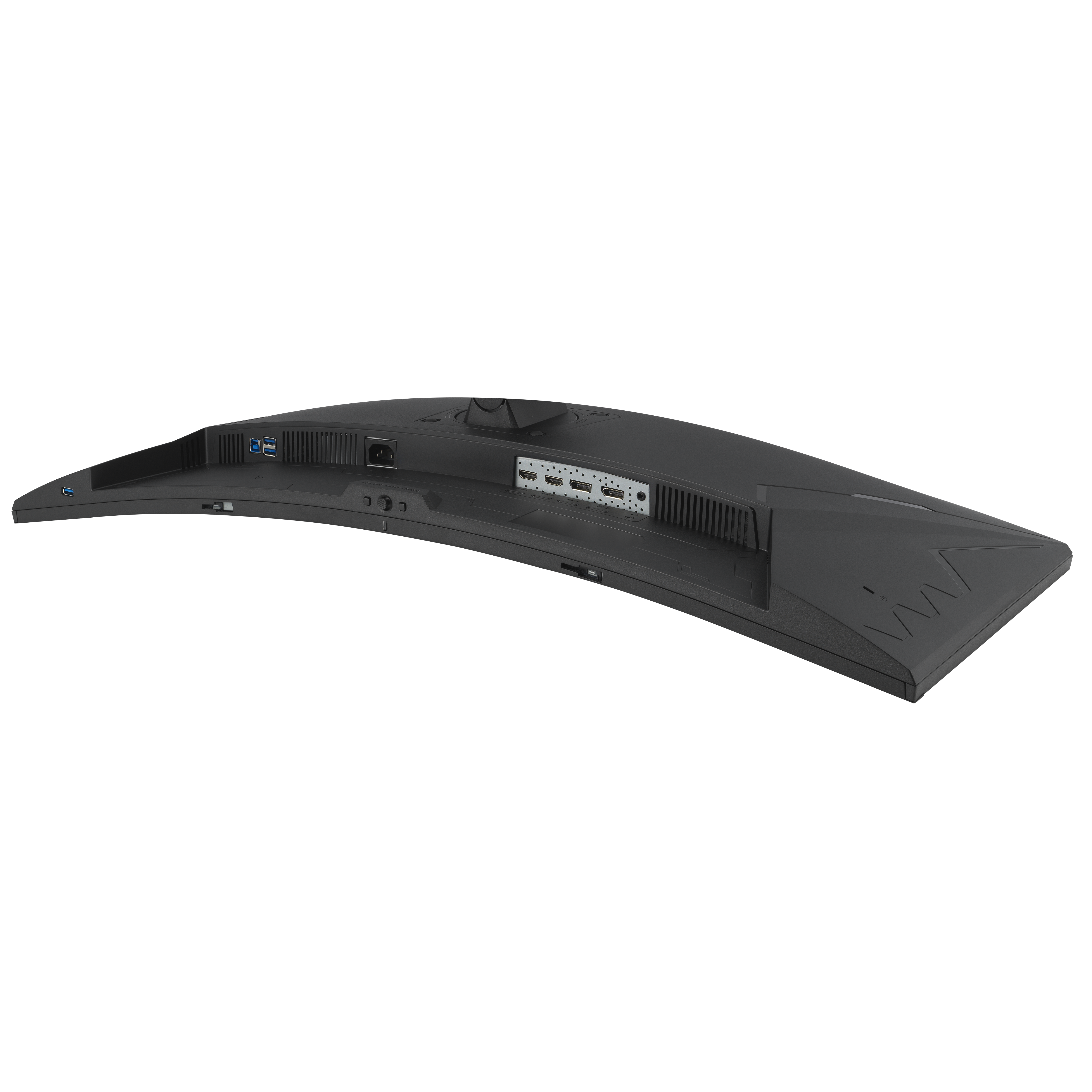 Tył zakrzywionego, ciemnoszarego monitora. Widoczne porty USB, HDMI i zasilania. Tło jest czarne.