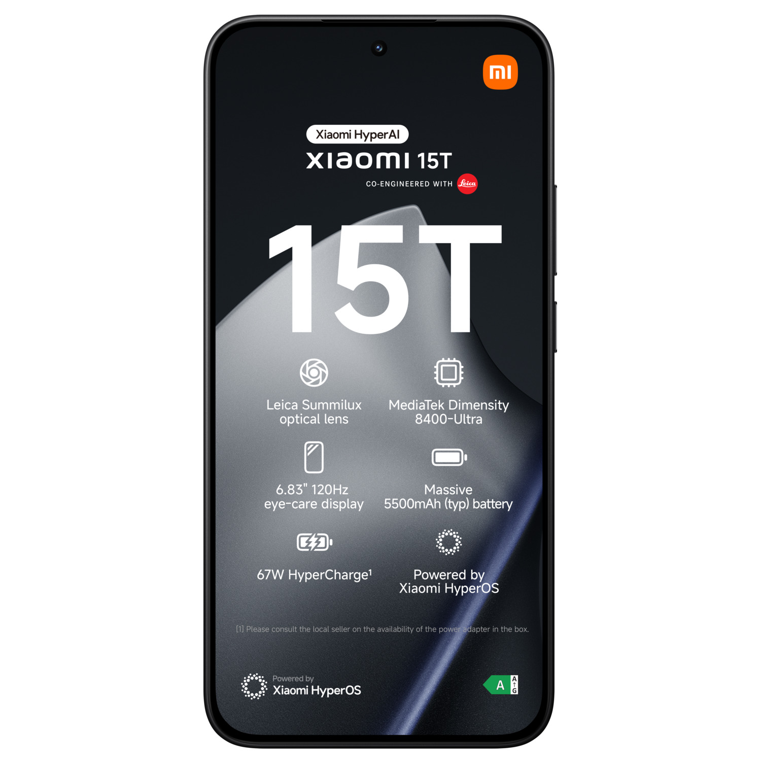 A black Xiaomi 15T phone displays specs: Leica lens, 6.83" 120Hz display, MediaTek Dimensity, 5500mAh battery, 67W HyperCharge.