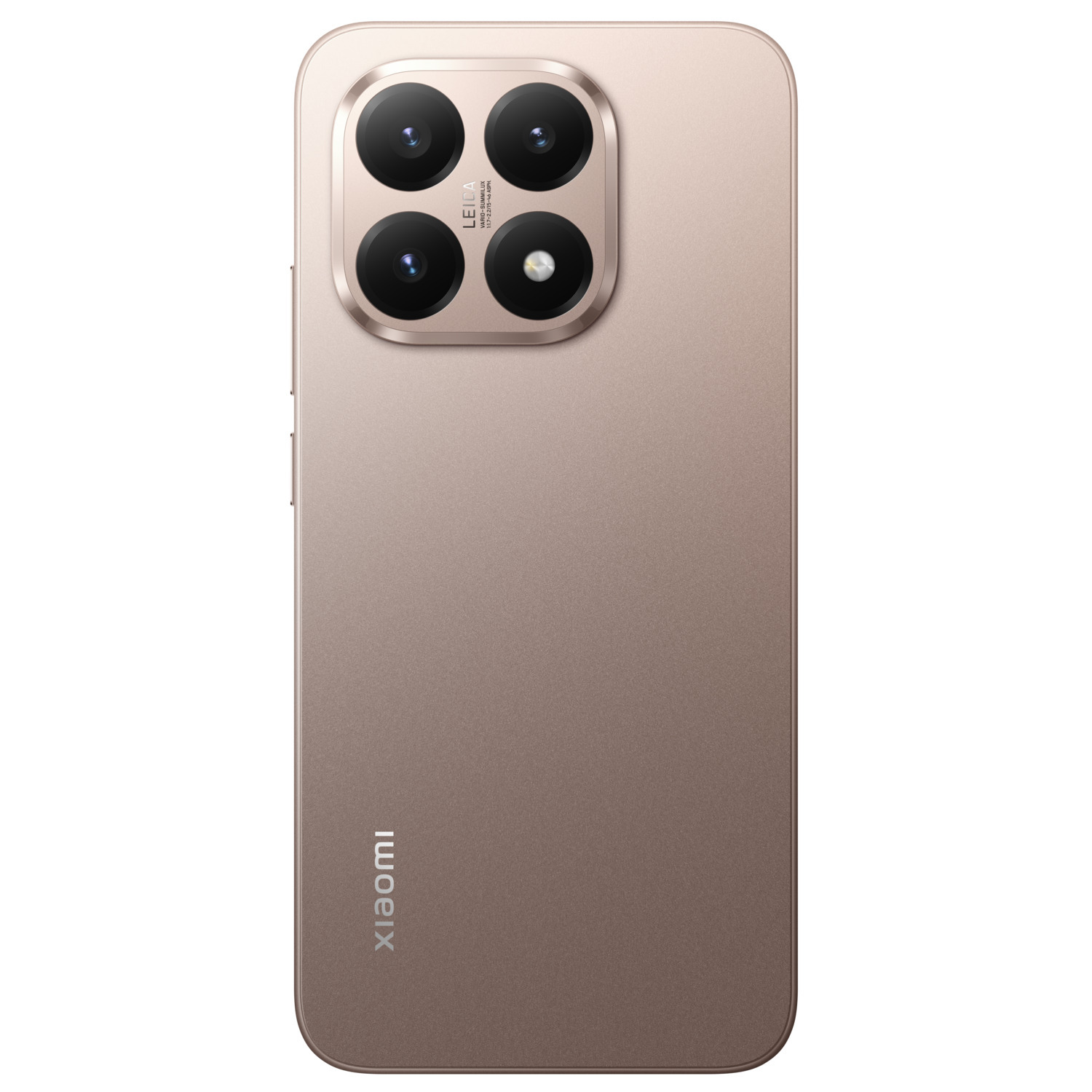 A golden-colored Xiaomi smartphone with four camera lenses. The Leica logo is visible. The phone has a metallic finish, and the Xiaomi logo.