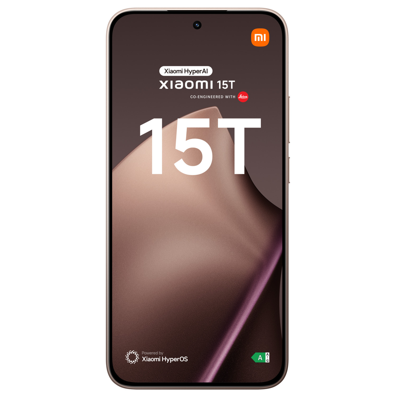 Xiaomi 15T phone screen. The phone displays text including 'Xiaomi HyperAl' and '15T'. The background is brown.