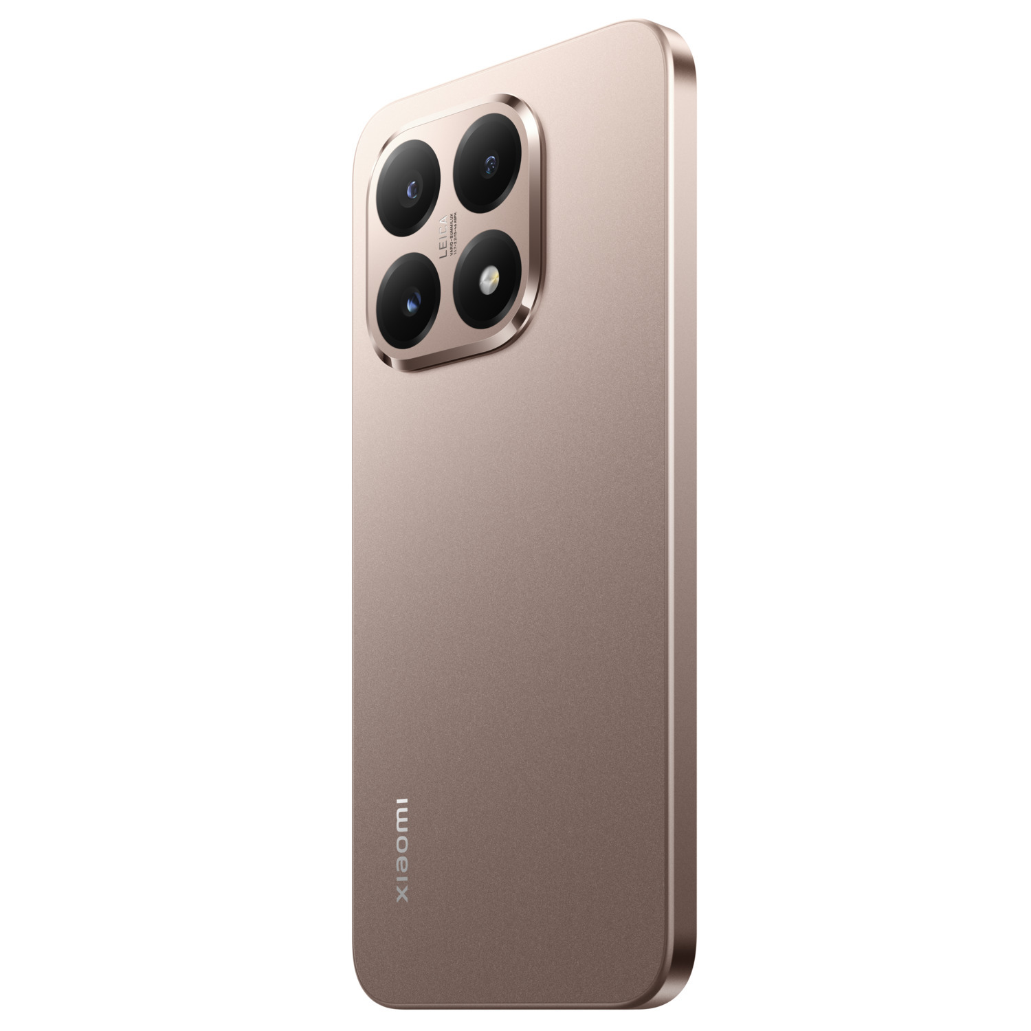 A gold-colored Xiaomi phone with a quad-camera setup by Leica. The phone is angled, showing the camera and the brand name.