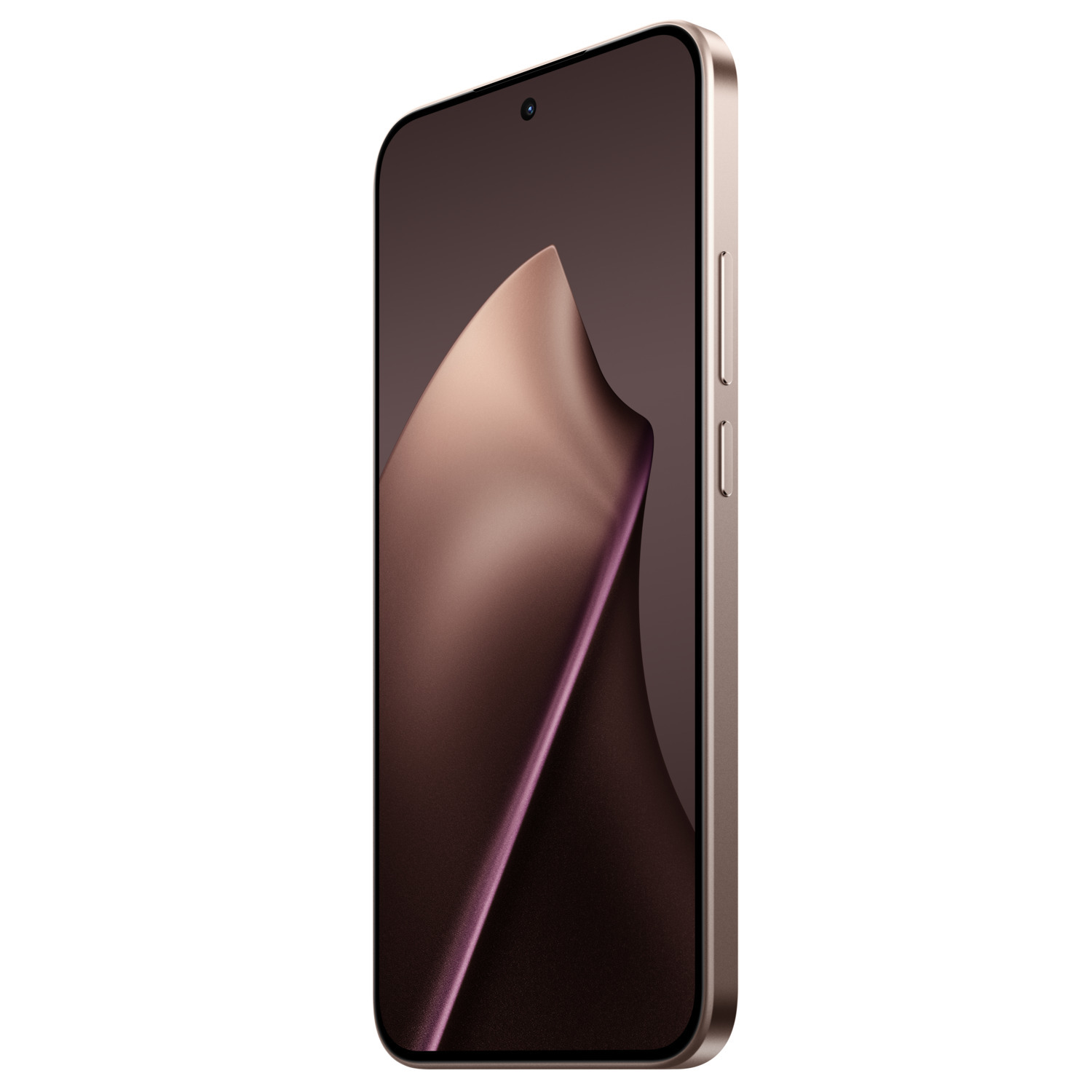 A gold smartphone is slightly angled, displaying a brown abstract design on the screen. Volume buttons and a power button are visible.