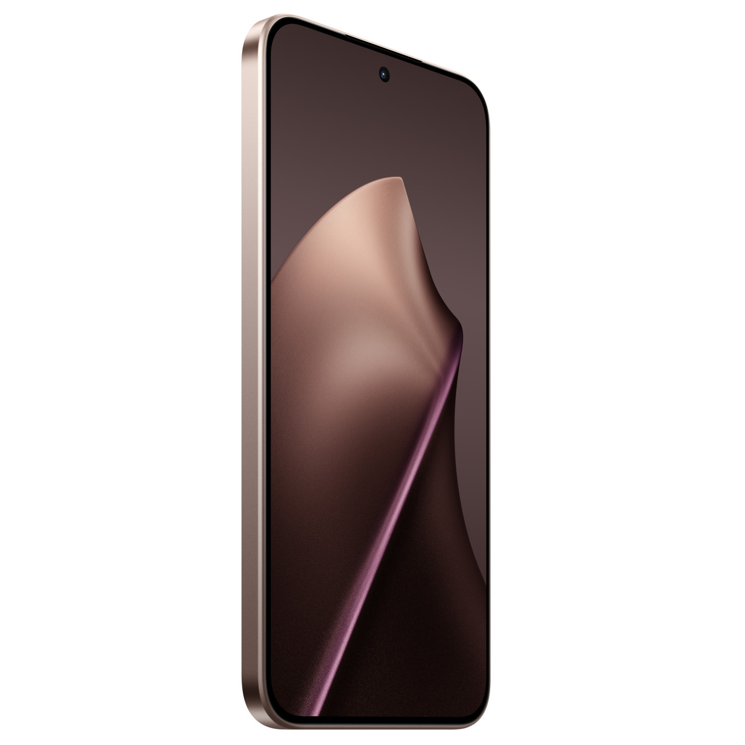 A golden smartphone, angled, displays a dark, abstract design. The phone has a front-facing camera, and a white background.