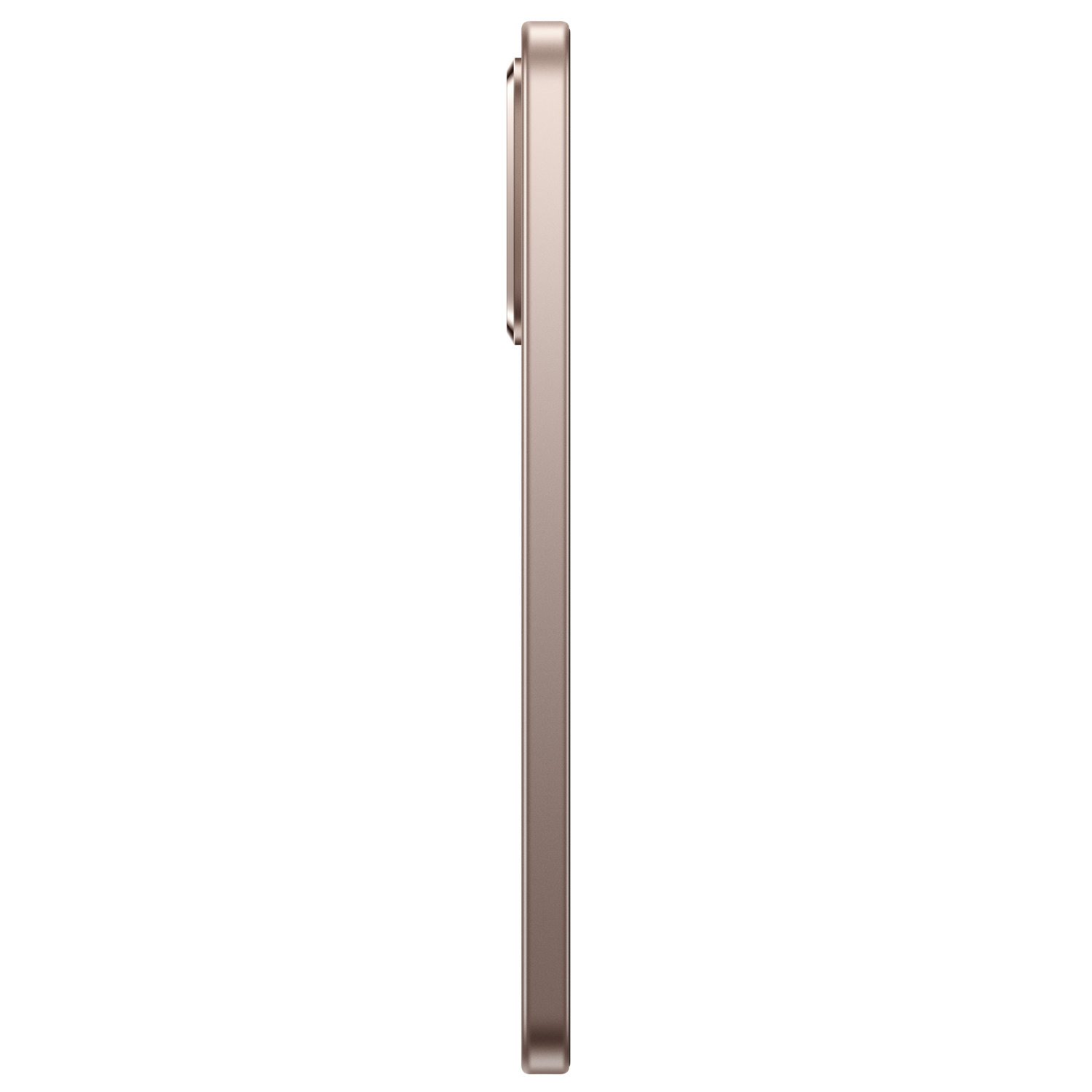 Side view of a rose gold smartphone. The phone is rectangular with rounded edges and features a camera bump.