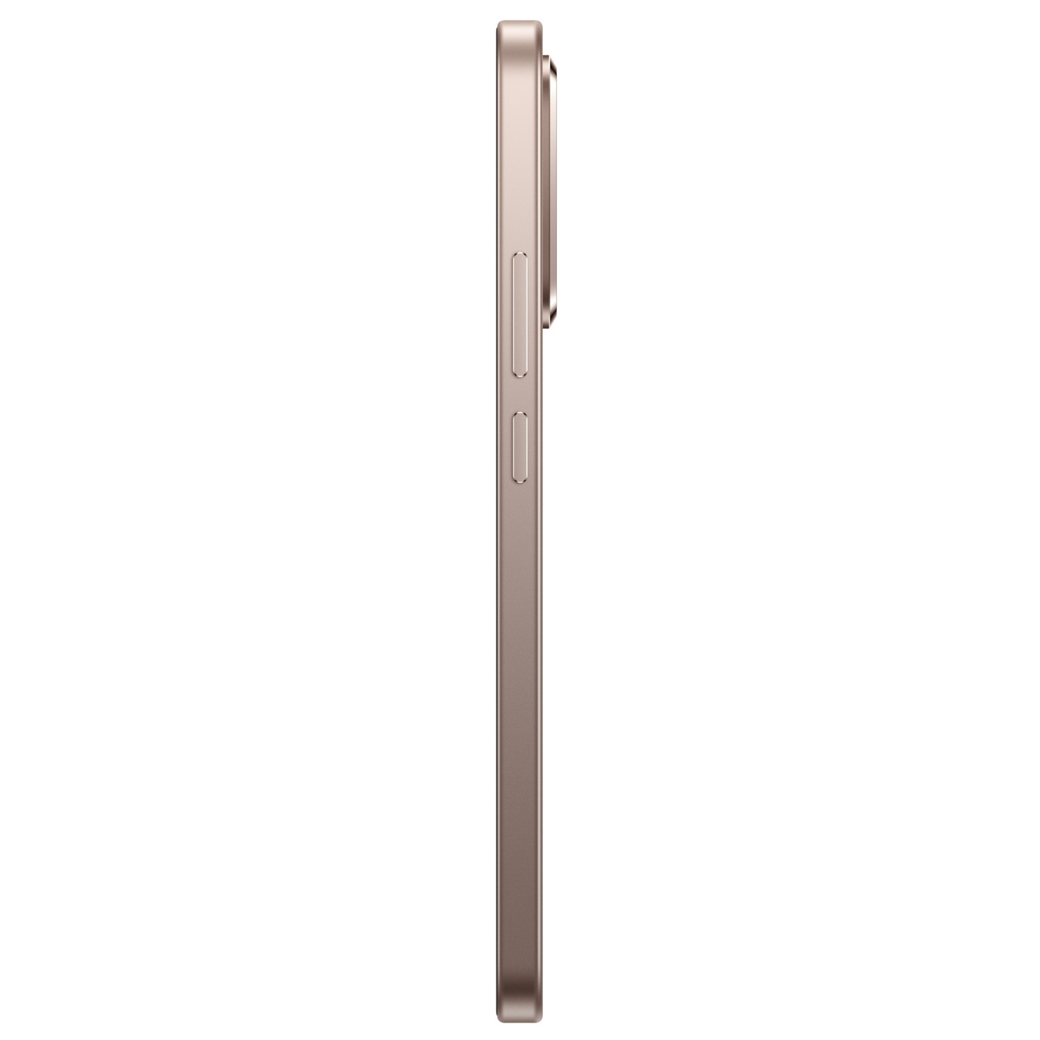Side view of a rose gold smartphone. Volume buttons and power button are visible on the side. The camera lens is visible.