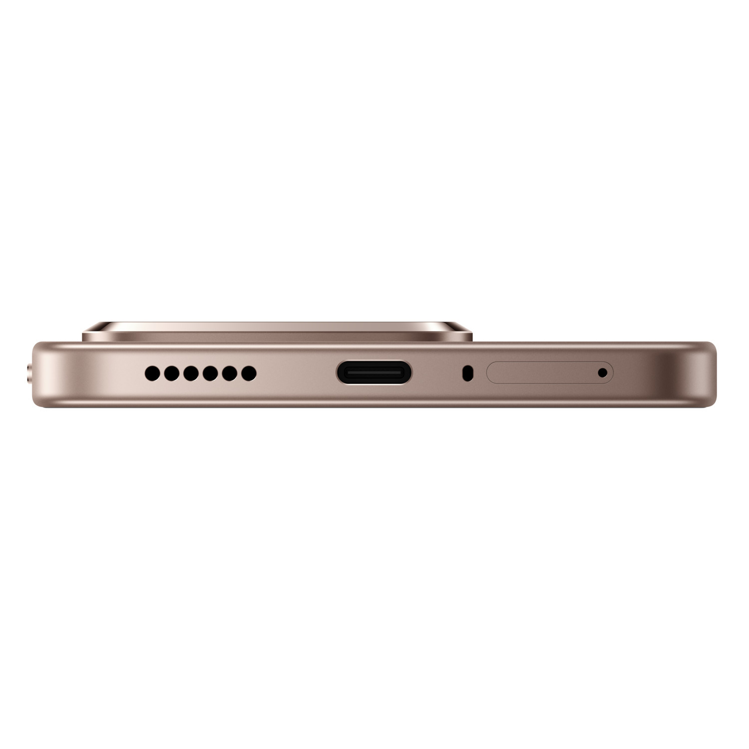 A side view of a gold smartphone. Features include a charging port, speakers, microphone, and SIM card slot. The background is white.