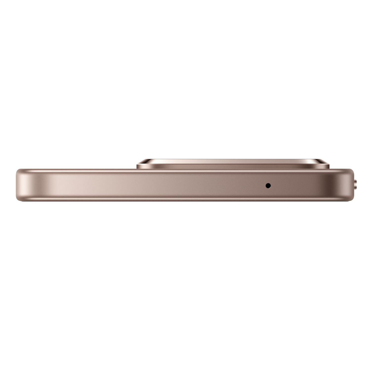 A side view of a rose gold smartphone. It has a camera bump, a microphone, and a USB-C port. The background is black.