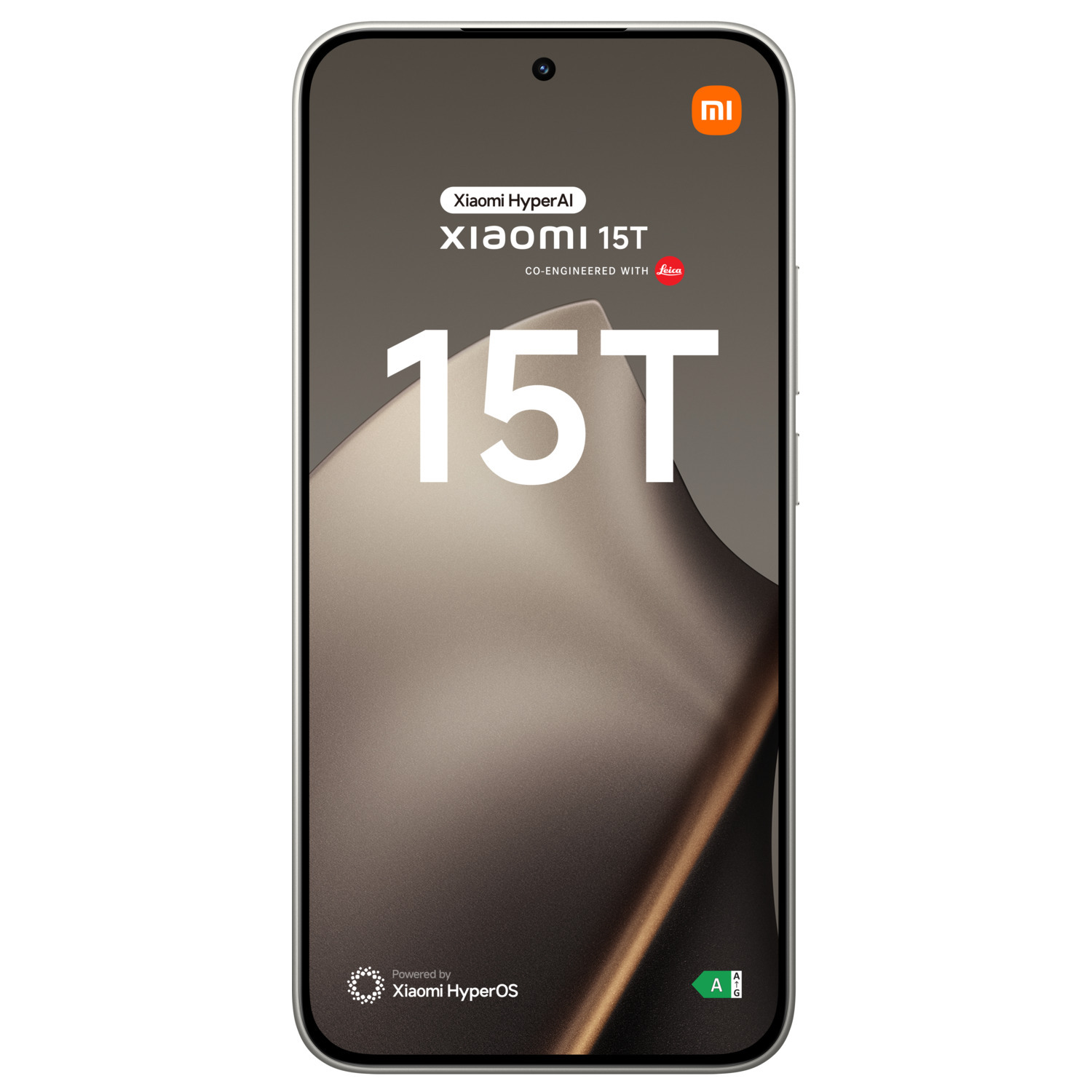 A smartphone screen displays the Xiaomi 15T logo, co-engineered with Leica. It has a silver frame and a gradient background.