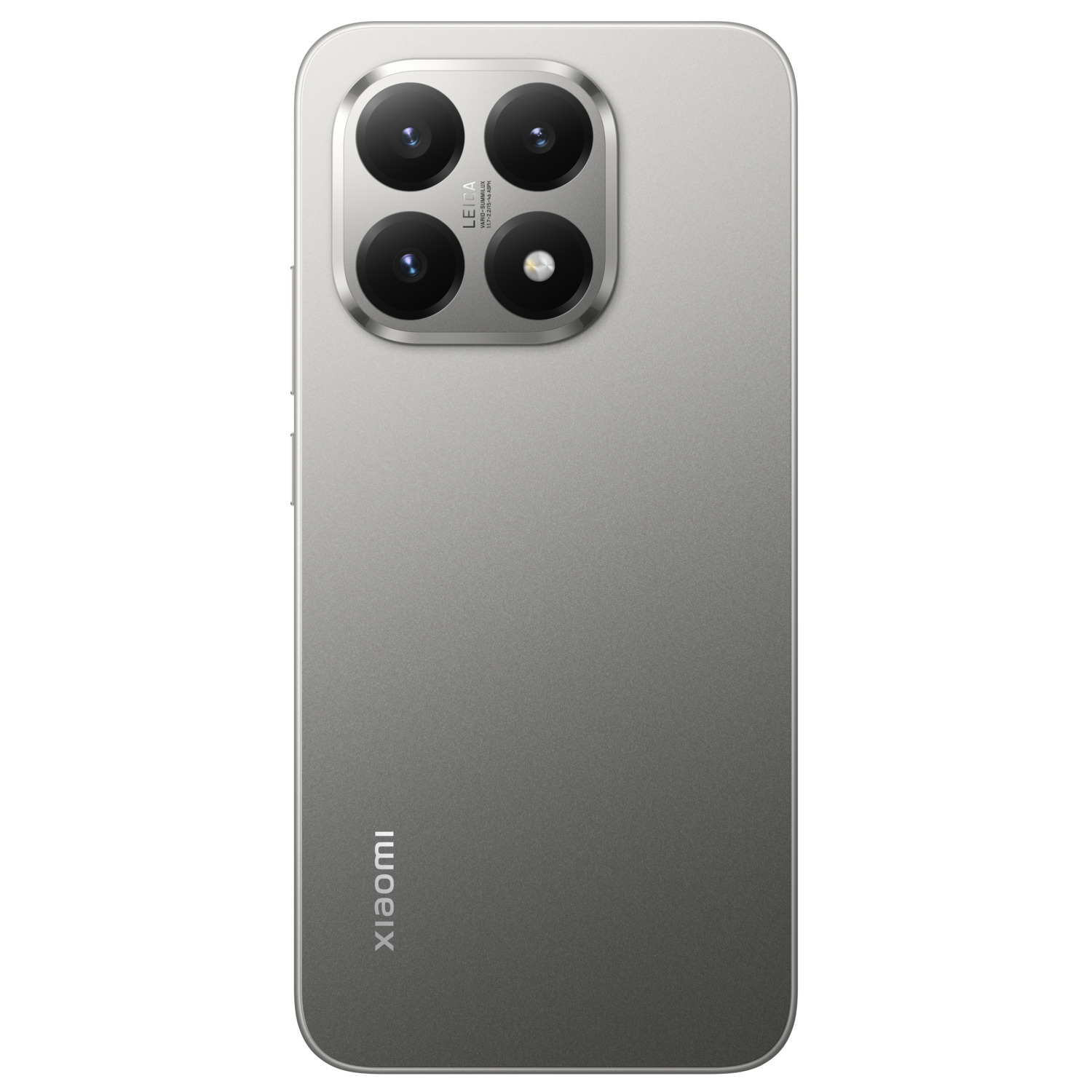 A silver Xiaomi phone back. It has a camera module with four lenses and the Leica brand. Xiaomi logo is at the bottom.