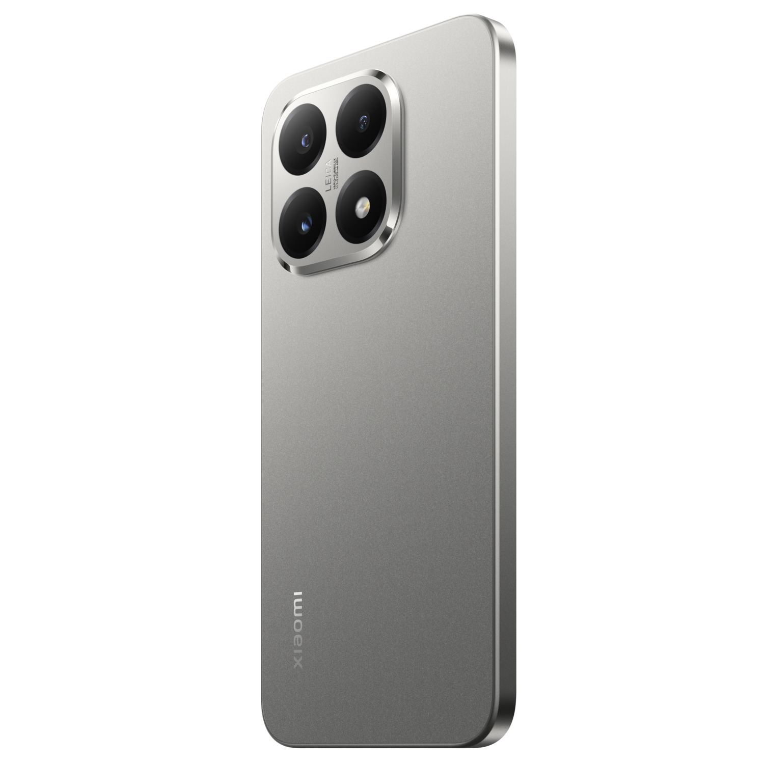 A silver Xiaomi phone with a Leica camera system. The phone is in a three-quarter view, showing the back and side.