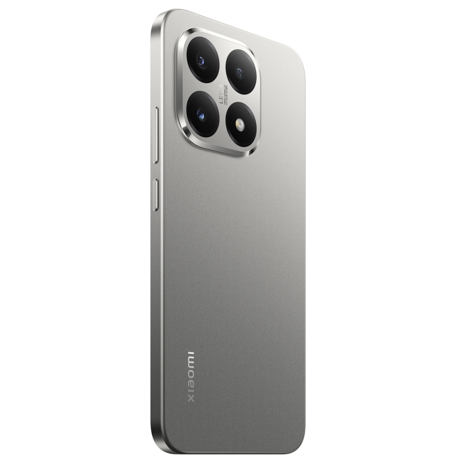 A silver Xiaomi smartphone with a Leica camera module. It has four lenses and the Xiaomi logo on the back. The background is white.
