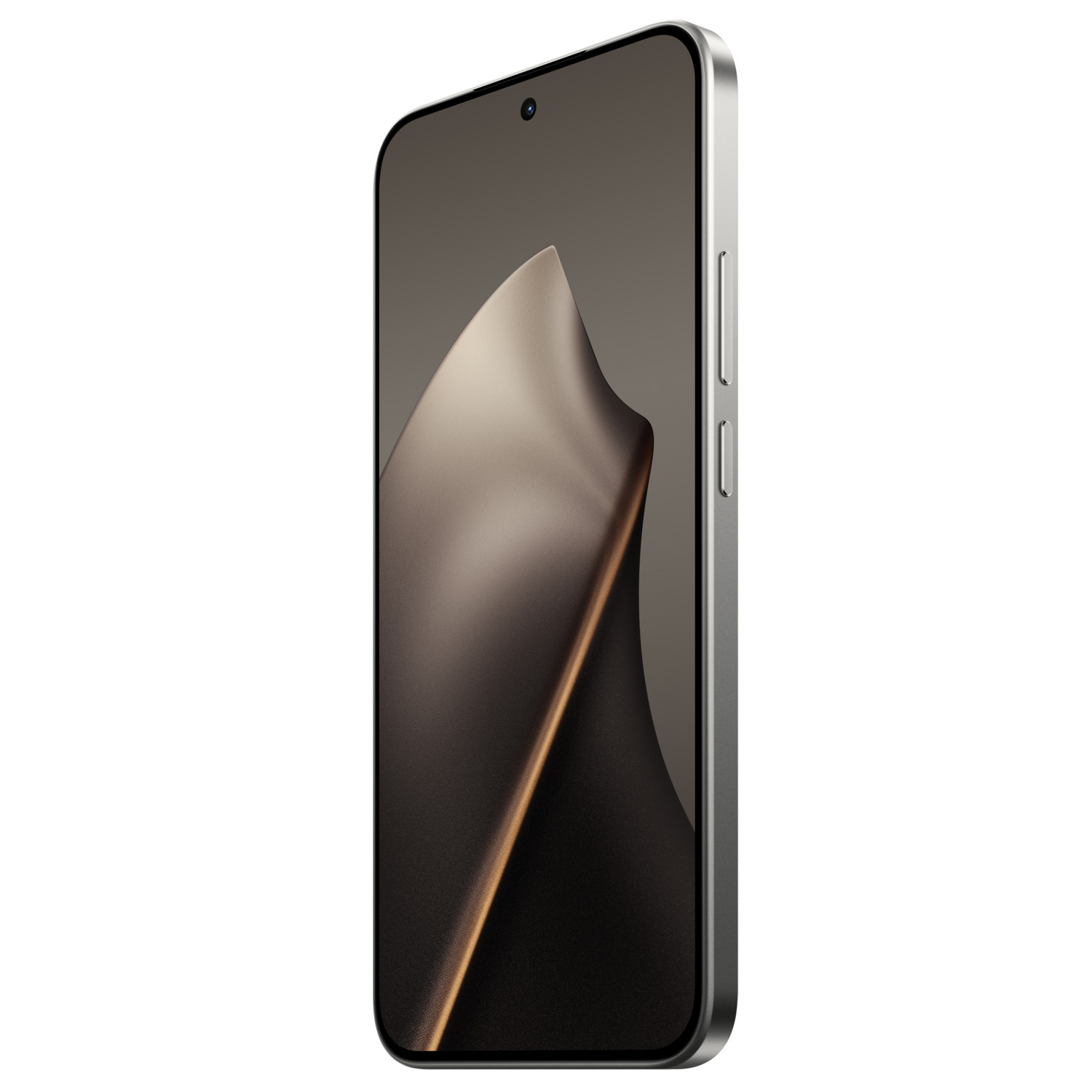 A silver smartphone angled to the right. The screen displays a dark, abstract design. Buttons are visible on the side.