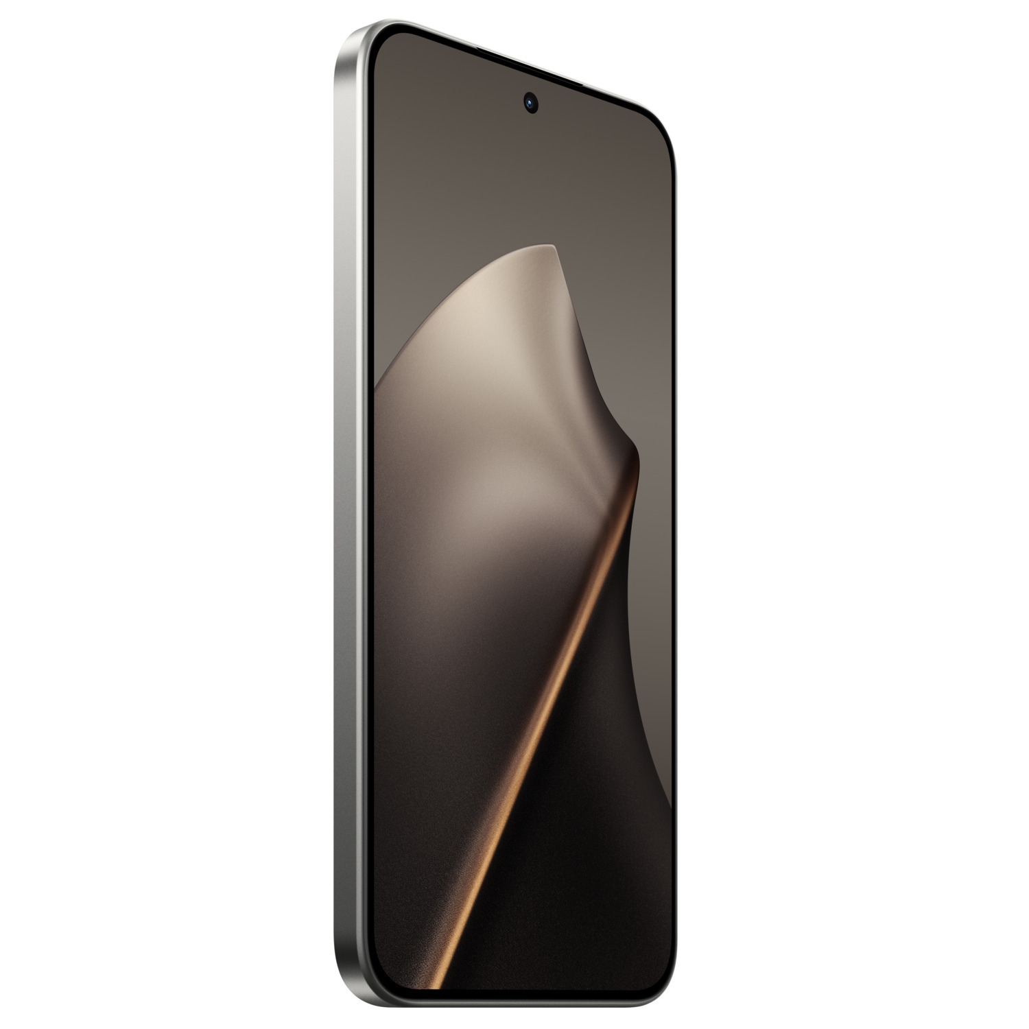 A smartphone in silver with a dark screen displaying a golden abstract design, angled against a white background.