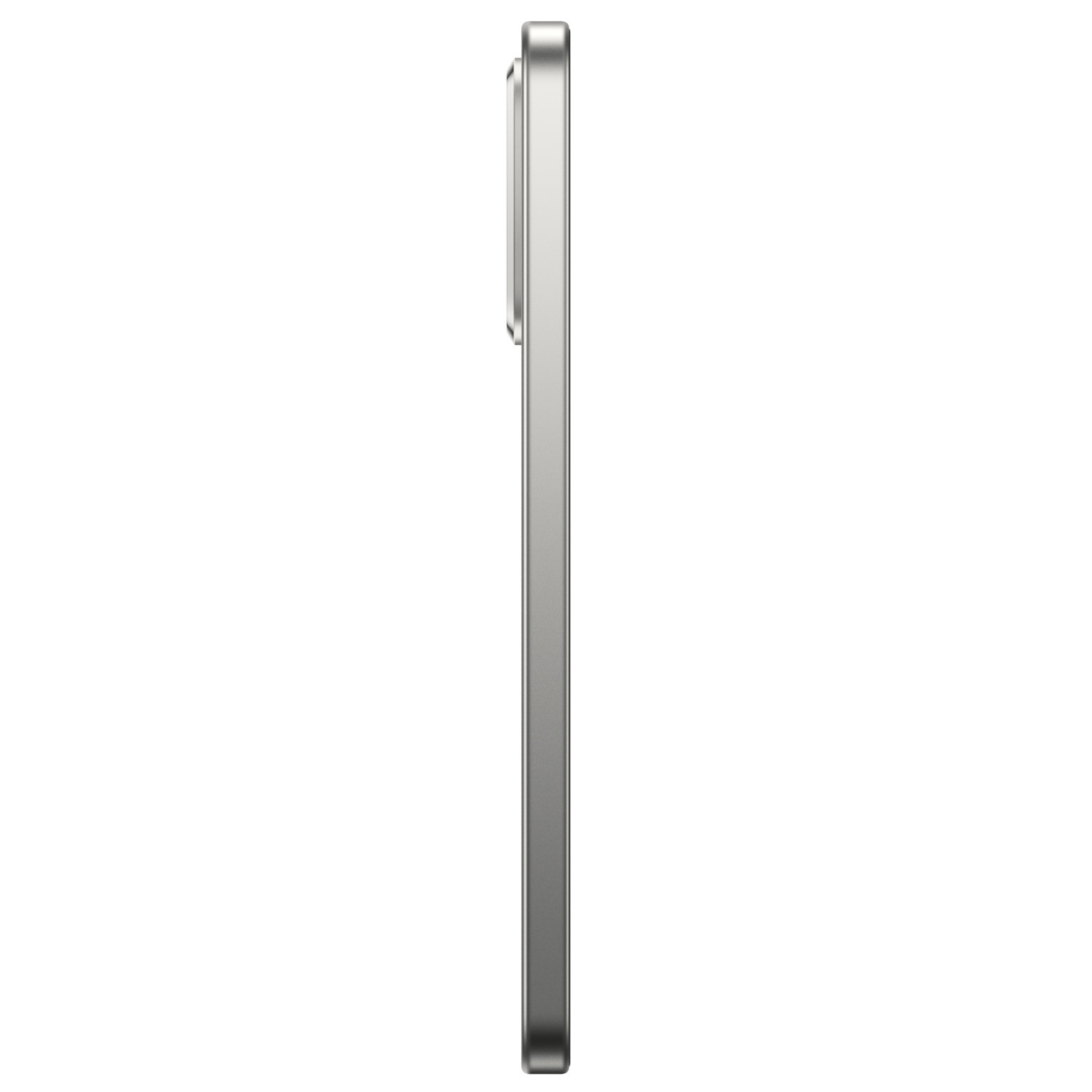 A silver smartphone, side view, against a white background. The camera bump is visible on the upper left side.