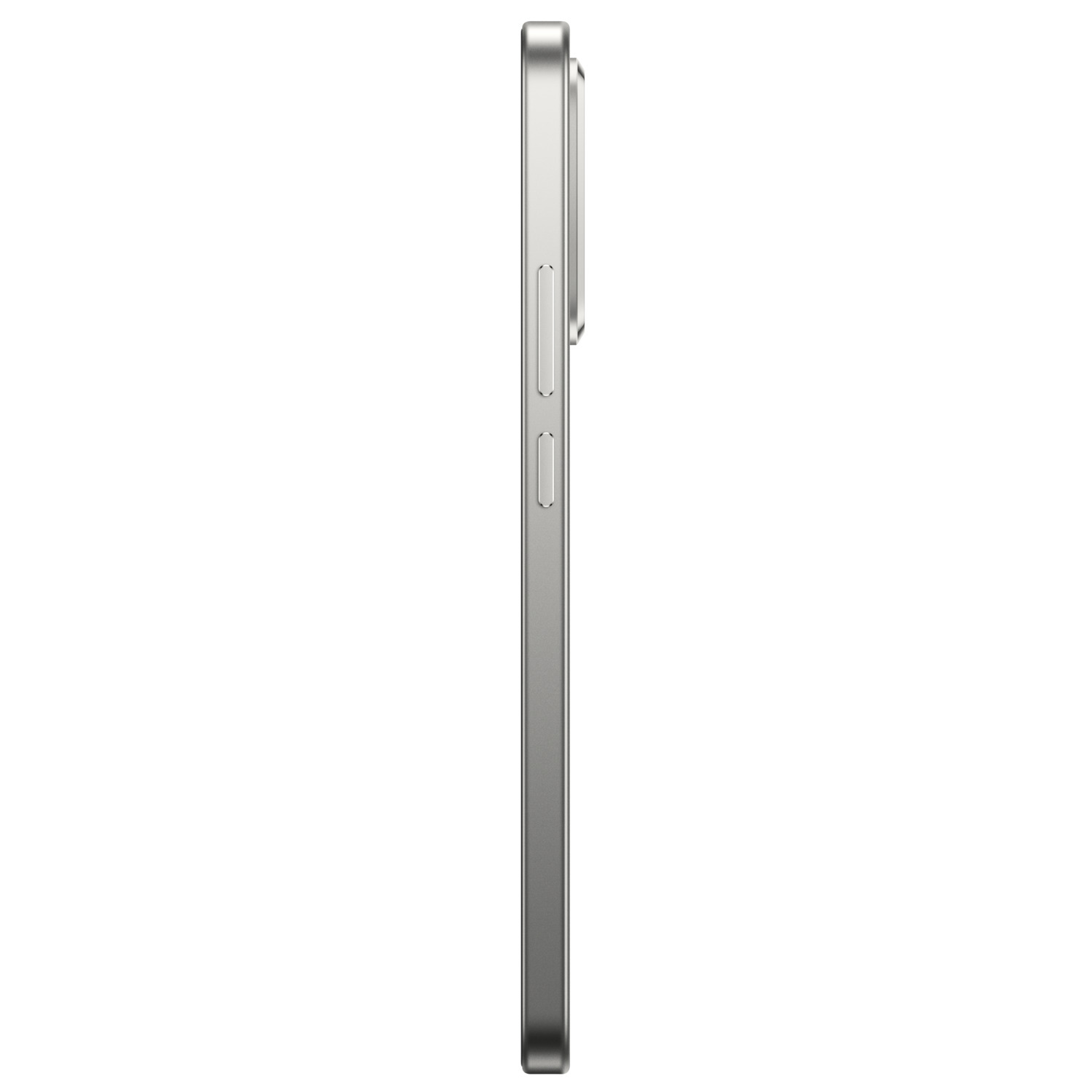 Side view of a silver smartphone, showing buttons and camera bump. The phone is set against a white background.