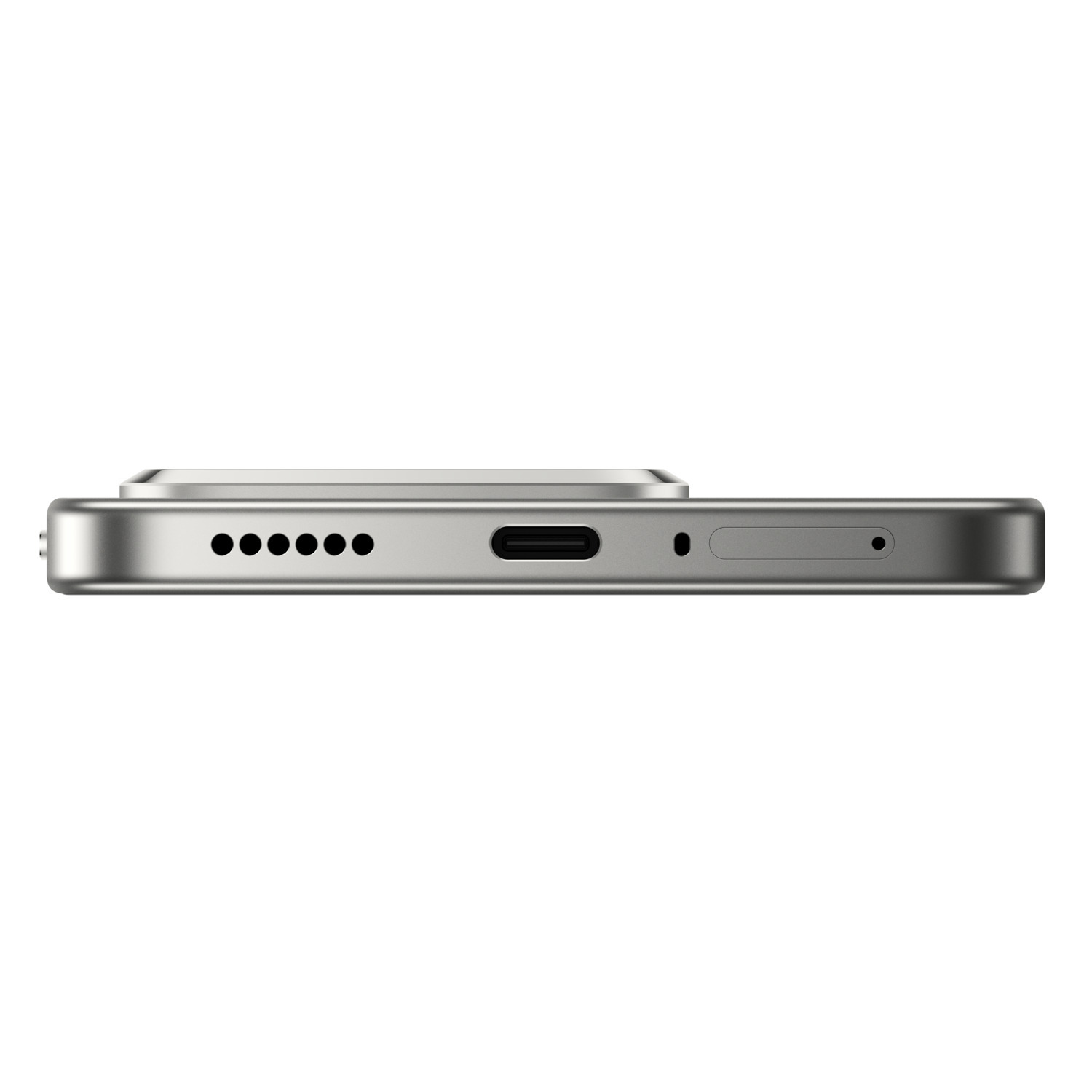 Side view of a silver smartphone. It shows a charging port, microphone holes, and a SIM card slot against a white background.