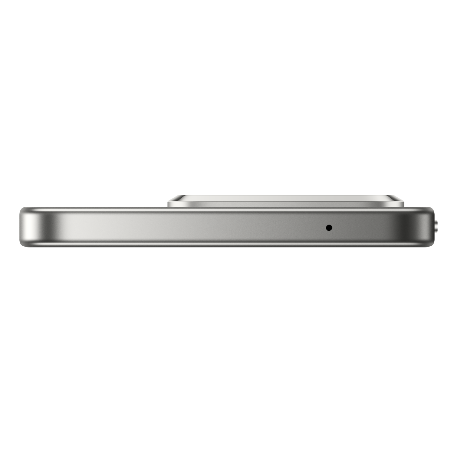 A side view of a silver smartphone against a black background. The phone has a camera, and a port.