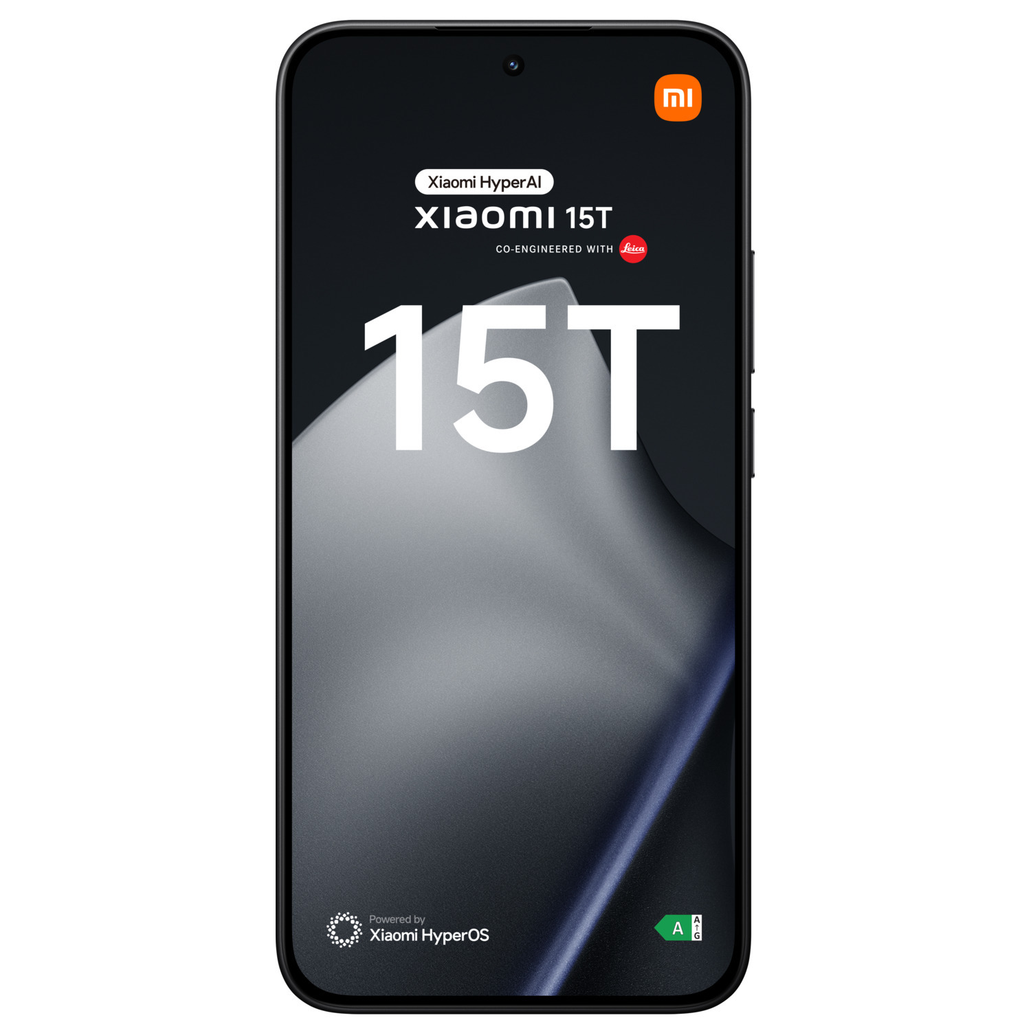 A black smartphone displays 'Xiaomi 15T'. The screen shows a gradient, the Xiaomi logo, and 'Powered by Xiaomi HyperOS' at the bottom.