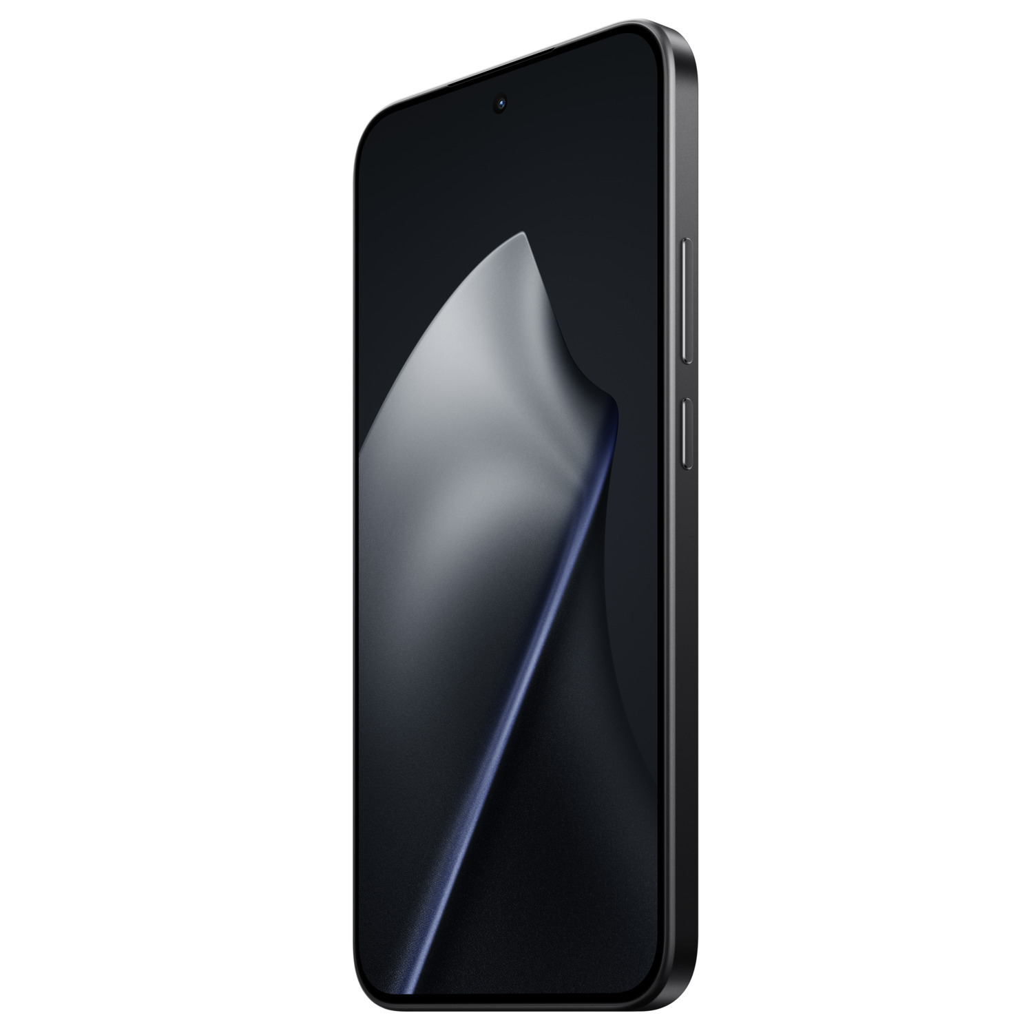 A black smartphone is displayed at an angle. The screen shows a blurred abstract design. The phone has volume buttons on the side.