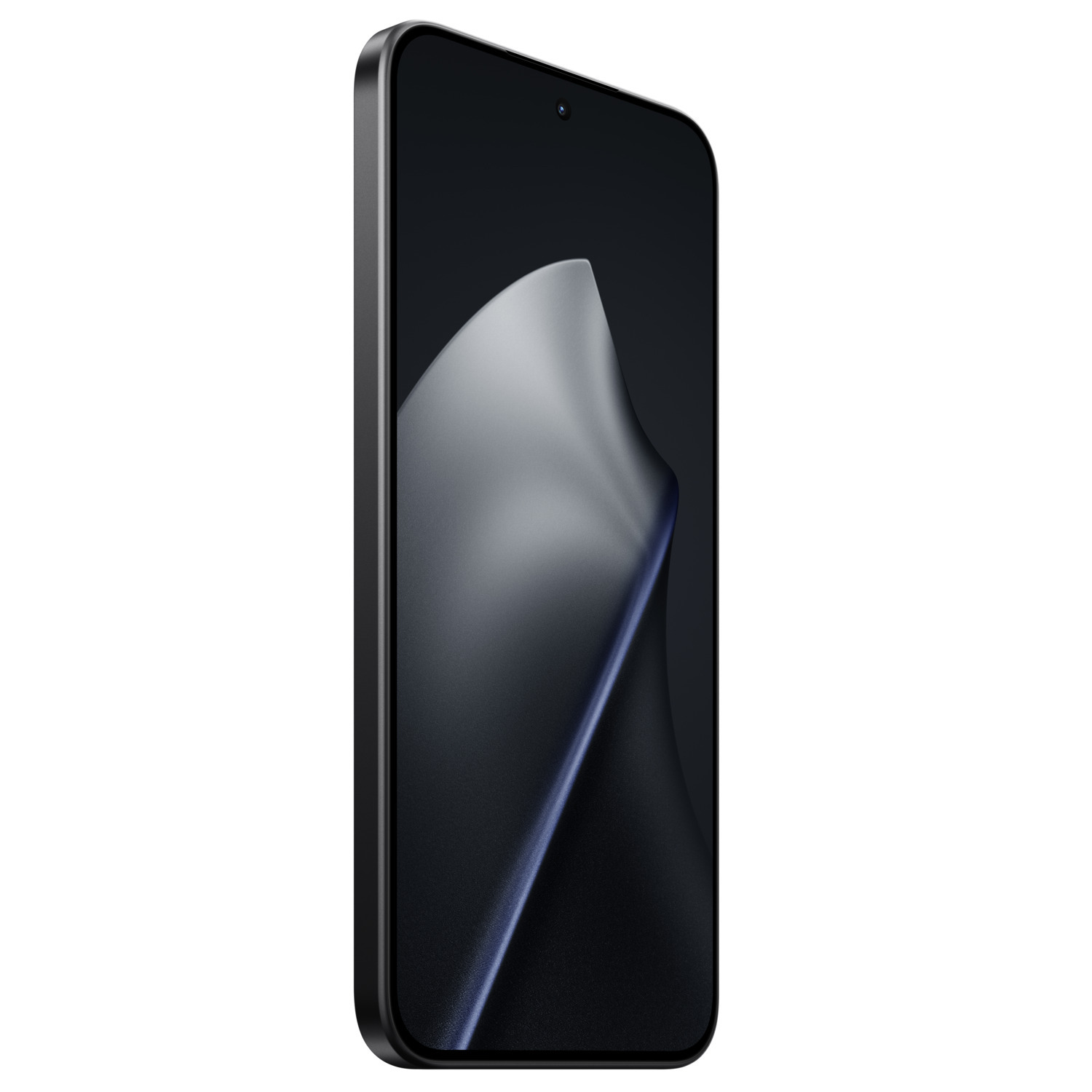 A sleek, black smartphone angled to the right. The screen displays a gradient design. The phone's frame is dark, contrasting the white background.