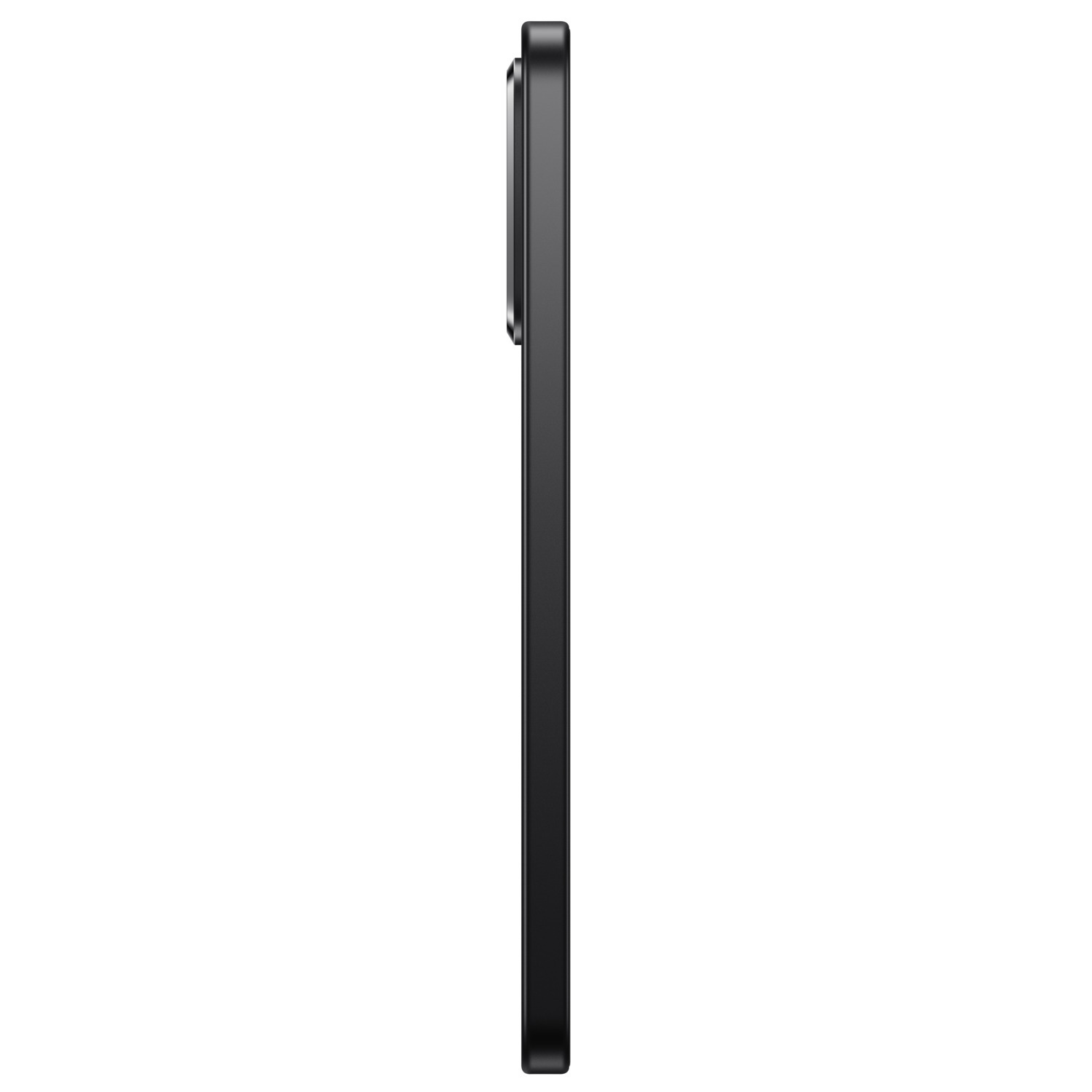 Side view of a black smartphone. The camera bump is visible. The phone is against a white background.