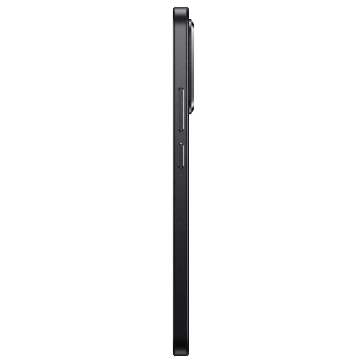Side view of a black smartphone. Shows power and volume buttons. The camera lens is slightly visible on the top.