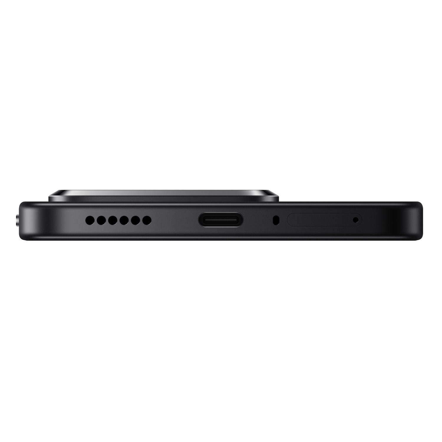 Black smartphone's bottom edge. It has a charging port, speaker holes, and a microphone hole. The background is white.