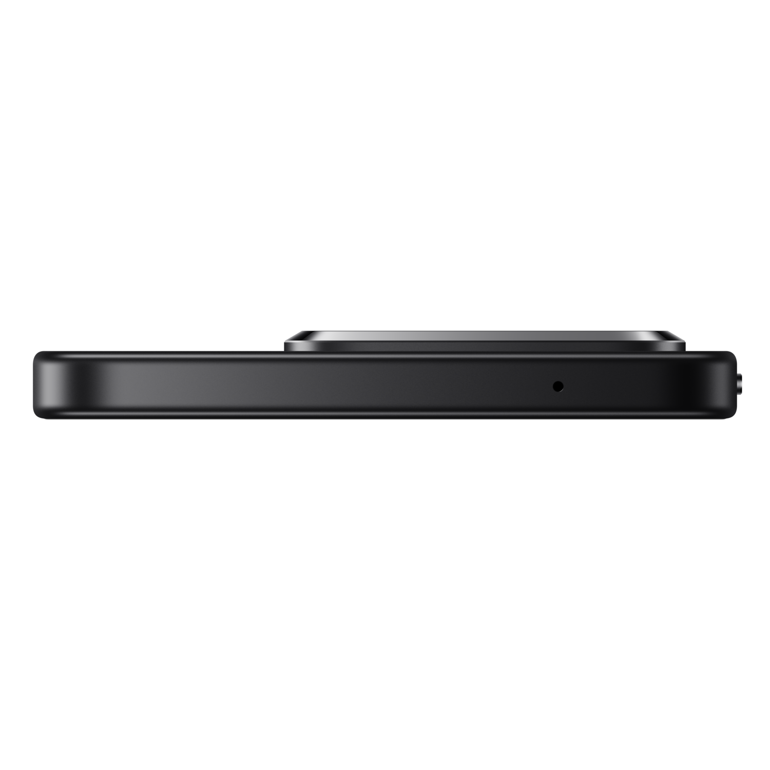 Side view of a black smartphone with a camera bump, a microphone, and a port. The background is black.